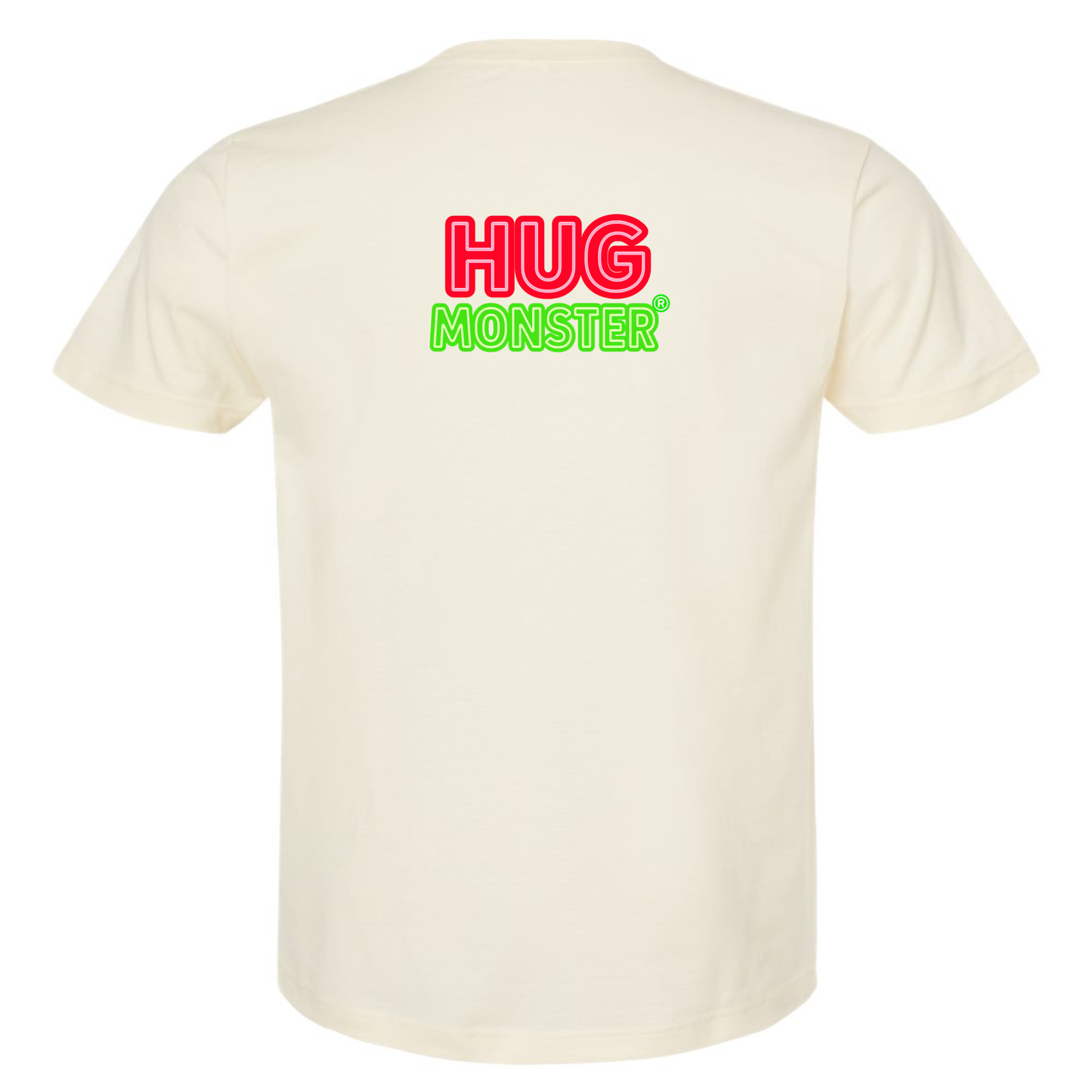 Hug Monster Classic Logo Bold Outline (Red & Green Logo) T-Shirt - Positive Message Graphic Tee in Natural – Back View