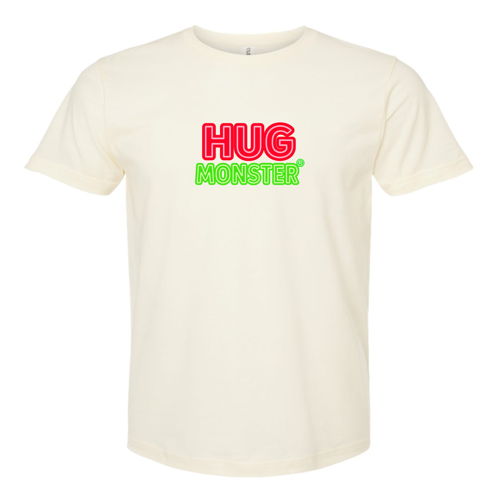 Hug Monster Classic Logo Bold Outline (Red & Green Logo) T-Shirt - Positive Message Graphic Tee in Natural – Front View