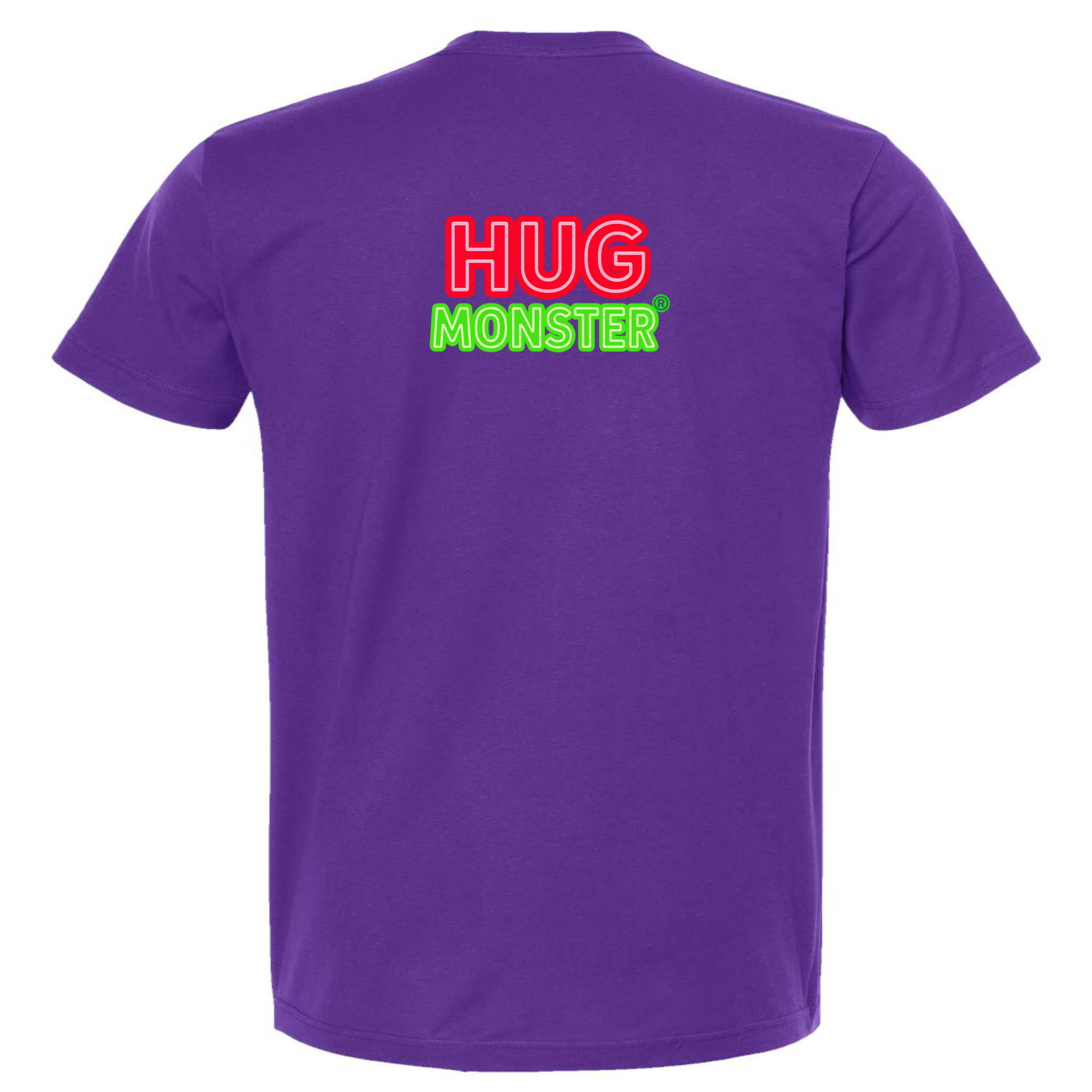 Hug Monster Classic Logo Bold Outline (Red & Green Logo) T-Shirt - Positive Message Graphic Tee in Purple – Back View
