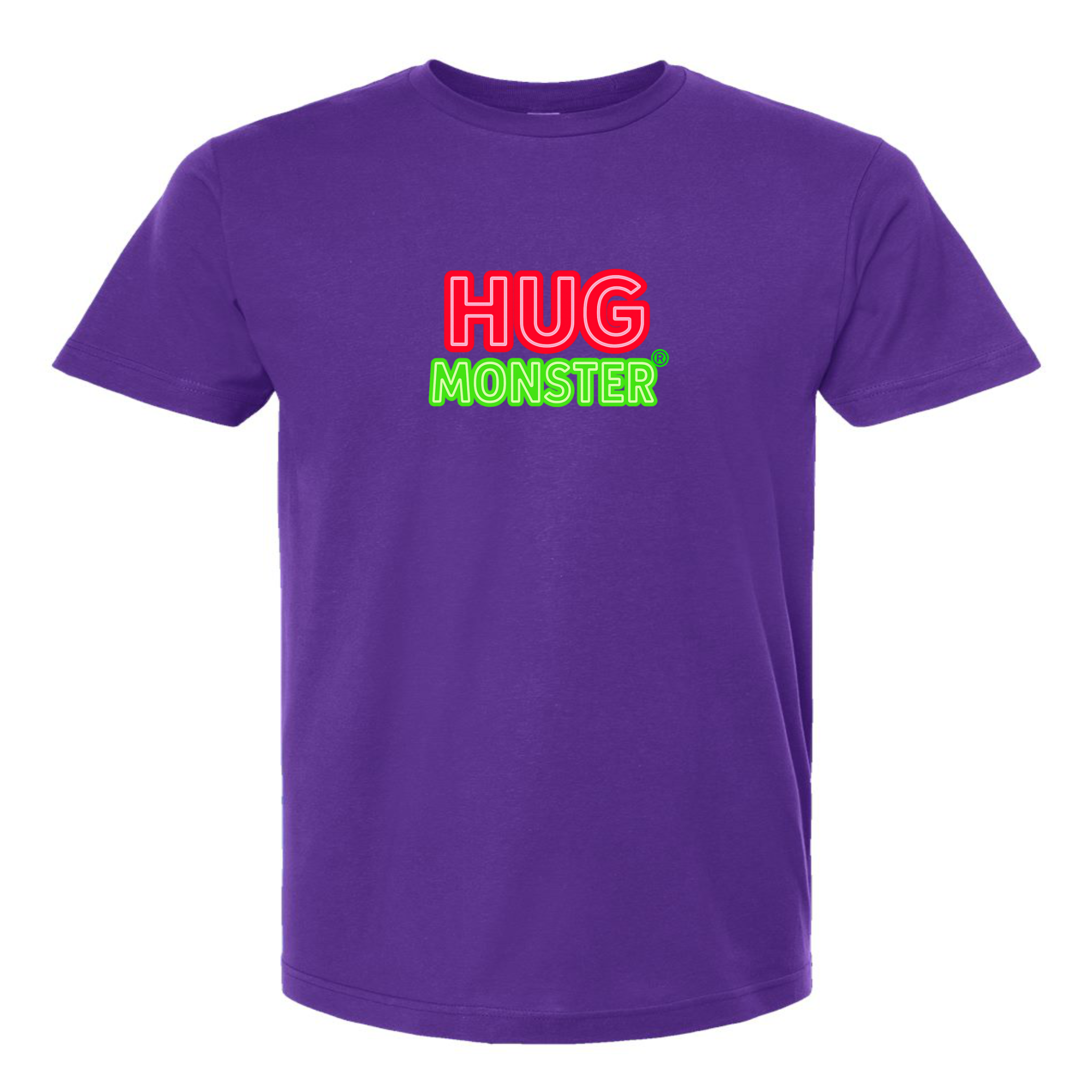 Hug Monster Classic Logo Bold Outline (Red & Green Logo) T-Shirt - Positive Message Graphic Tee in Purple – Front View
