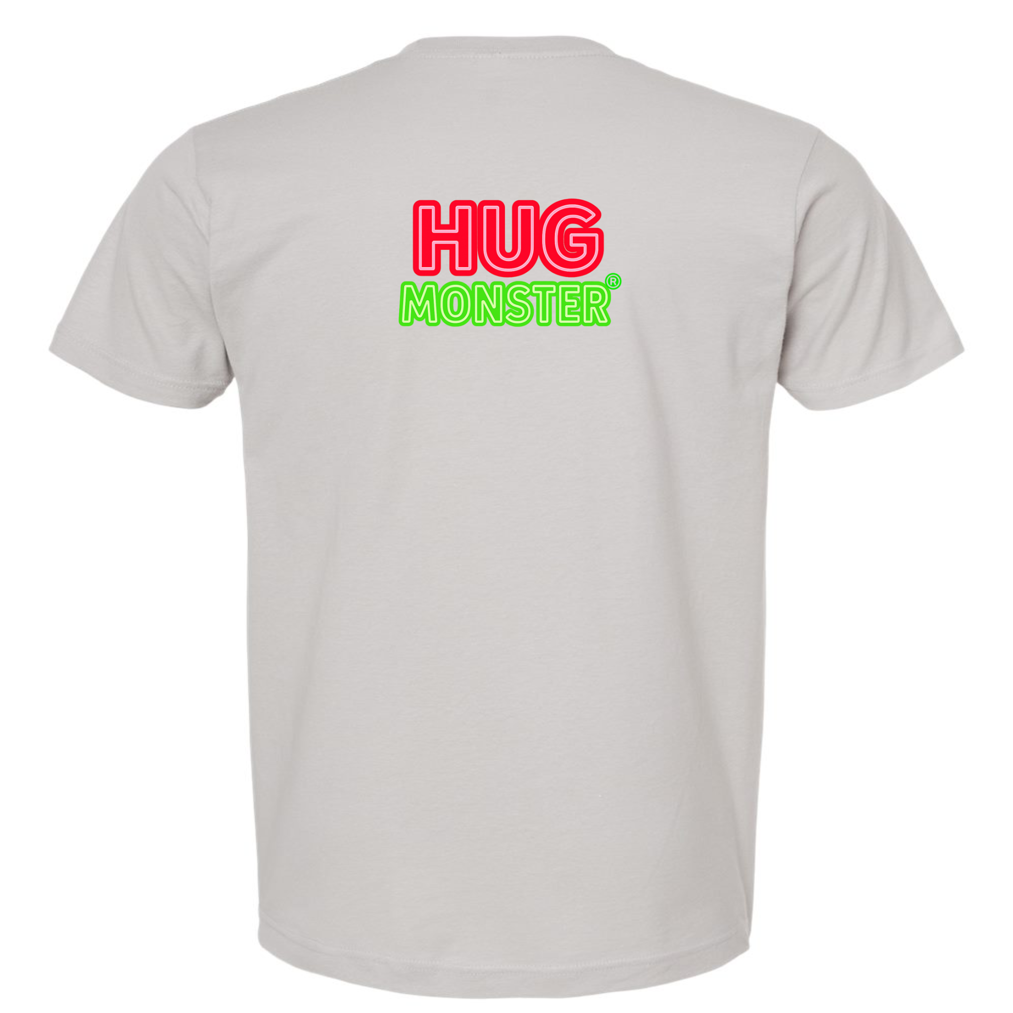Hug Monster Classic Logo Bold Outline (Red & Green Logo) T-Shirt - Positive Message Graphic Tee in Silver – Back View
