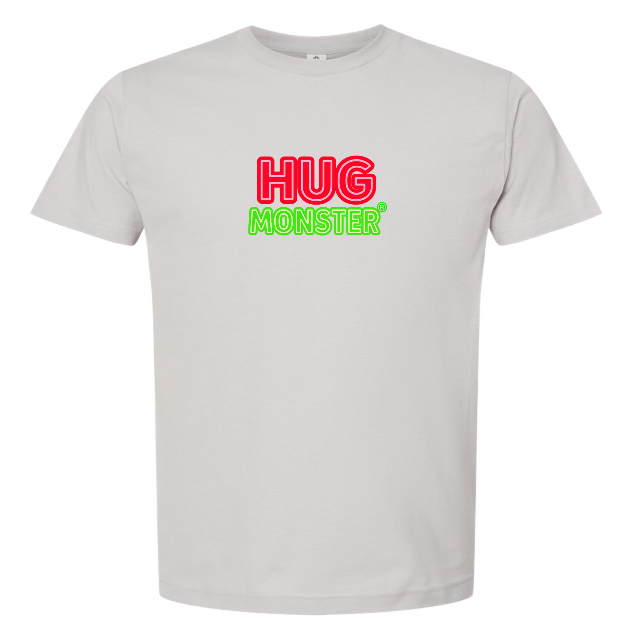 Hug Monster Classic Logo Bold Outline (Red & Green Logo) T-Shirt - Positive Message Graphic Tee in Silver – Front View