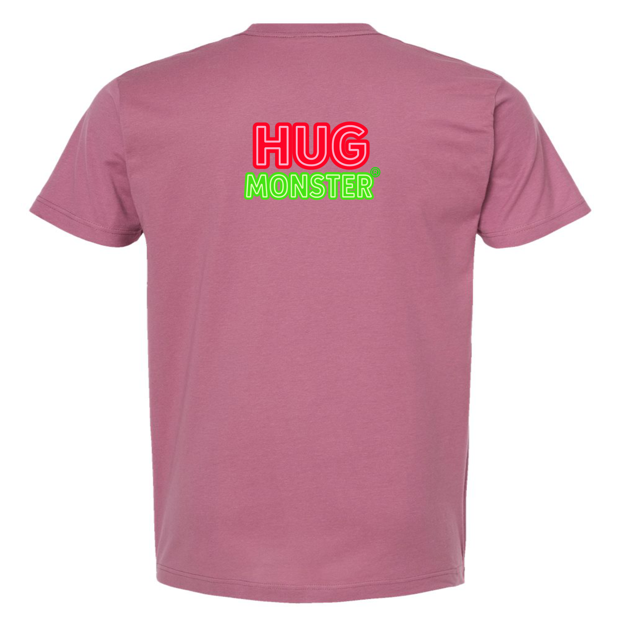 Hug Monster Classic Logo Bold Outline (Red & Green Logo) T-Shirt in Soft Dusty Rose Pink – Back View