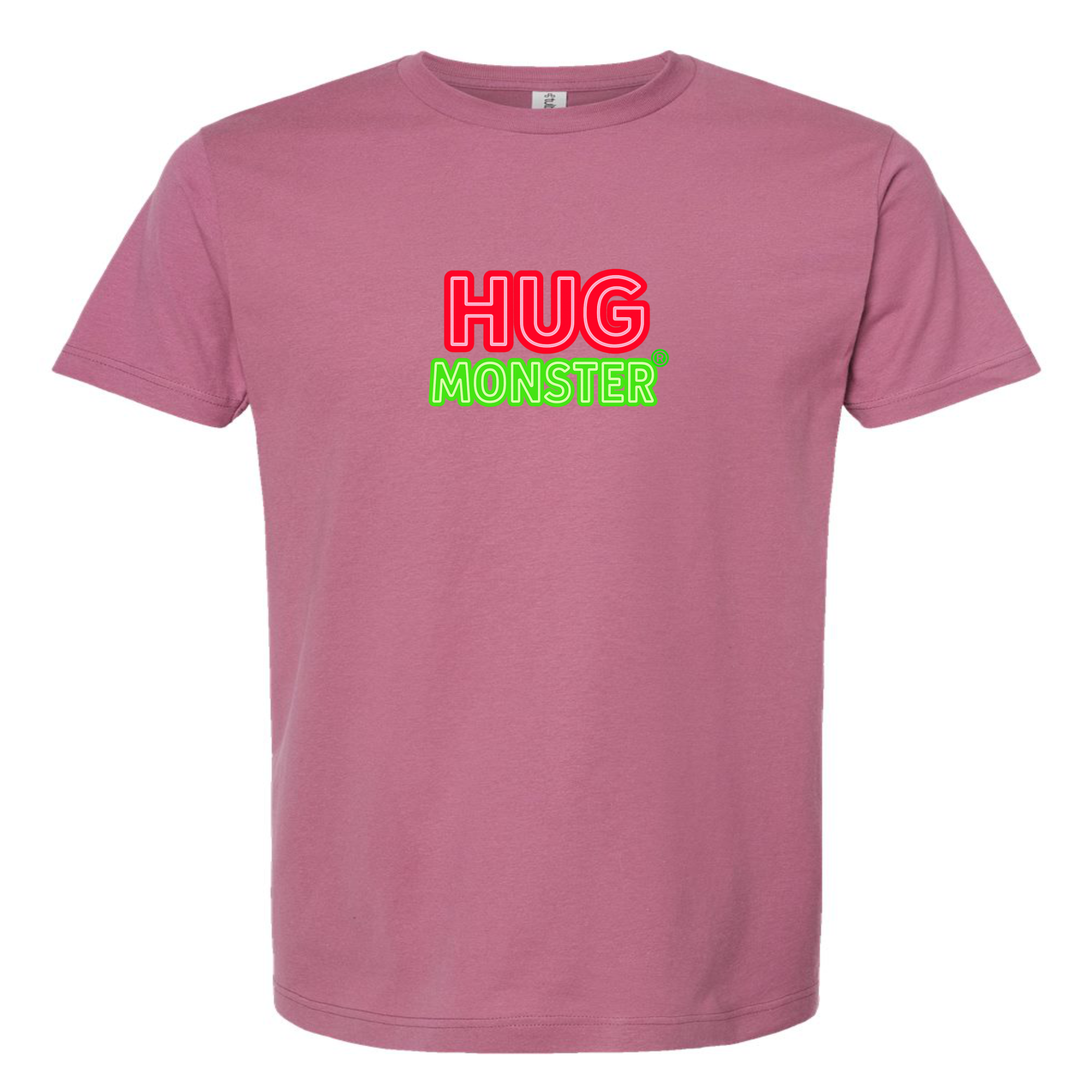 Hug Monster Classic Logo Bold Outline (Red & Green Logo) T-Shirt in Soft Dusty Rose Pink – Front View