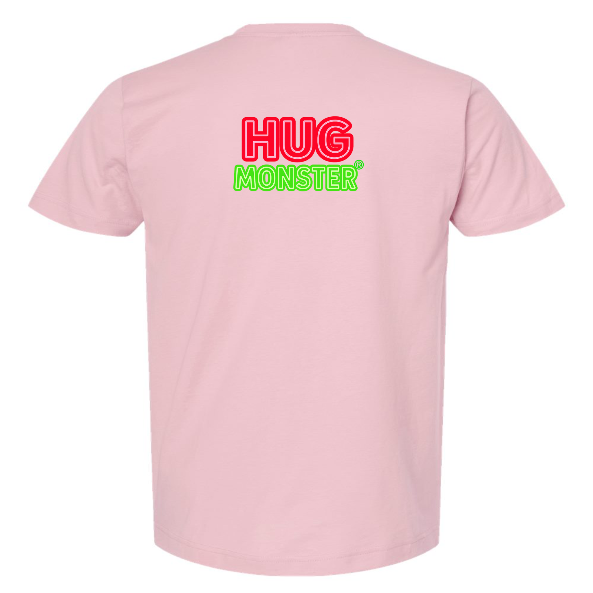 Hug Monster Classic Logo Bold Outline (Red & Green Logo) T-Shirt - Positive Message Graphic Tee in Soft Pink – Back View