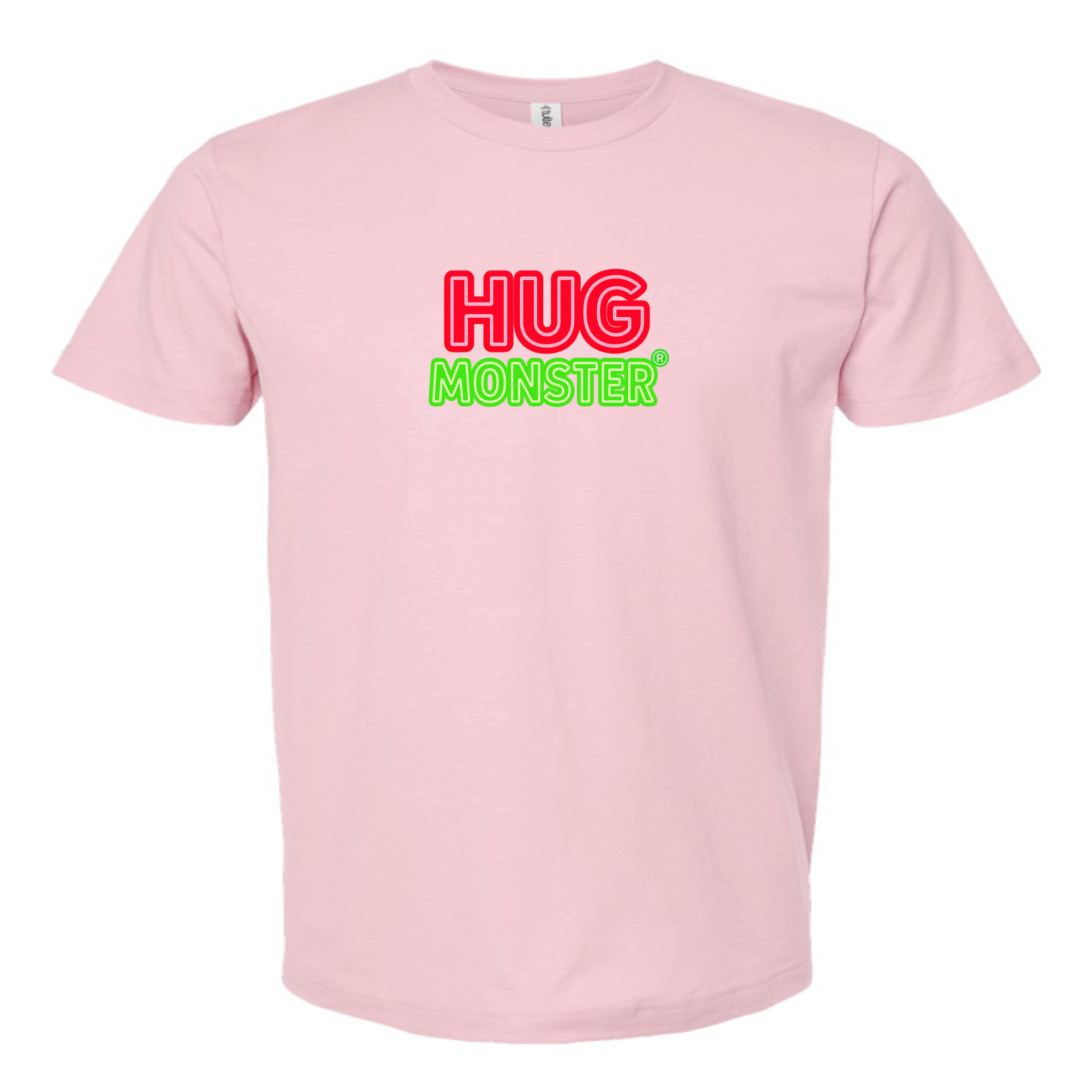 Hug Monster Classic Logo Bold Outline (Red & Green Logo) T-Shirt - Positive Message Graphic Tee in Soft Pink – Front View