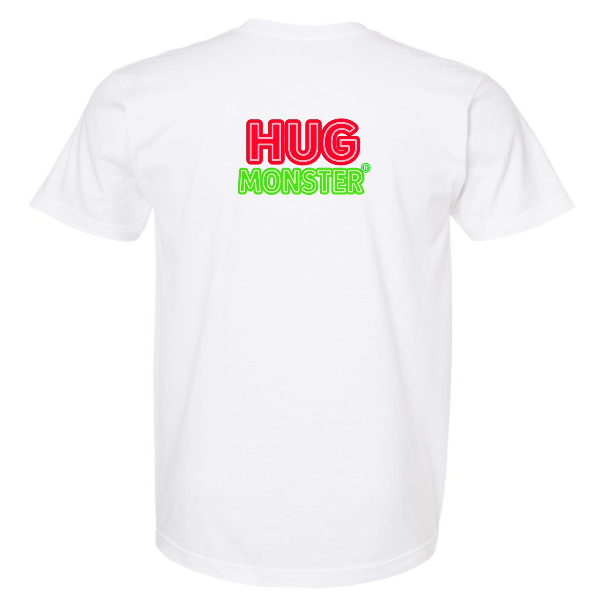 Hug Monster Classic Logo Bold Outline (Red & Green Logo) T-Shirt - Positive Message Graphic Tee in White – Back View