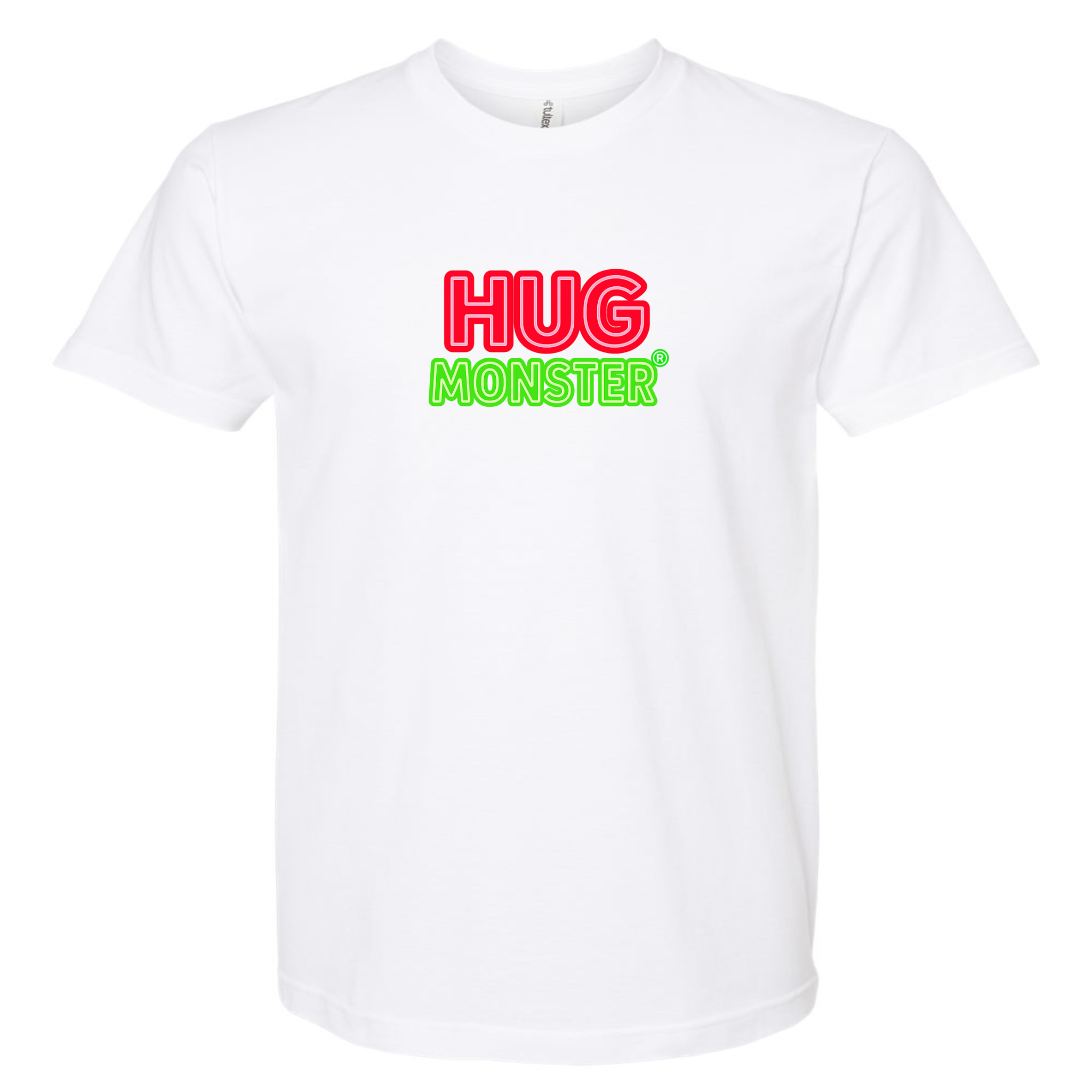 Hug Monster Classic Logo Bold Outline (Red & Green Logo) T-Shirt - Positive Message Graphic Tee in White – Front View