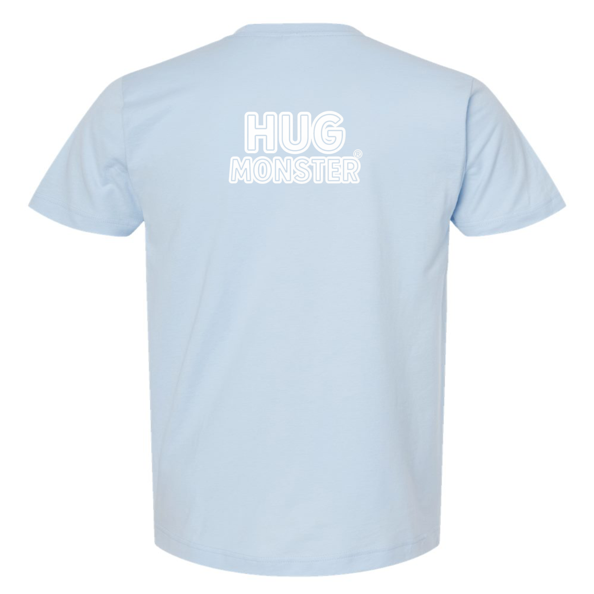 Hug Monster Classic Logo Bold Outline (White Logo) T-Shirt - Positive Message Graphic Tee in Baby Blue – Back View