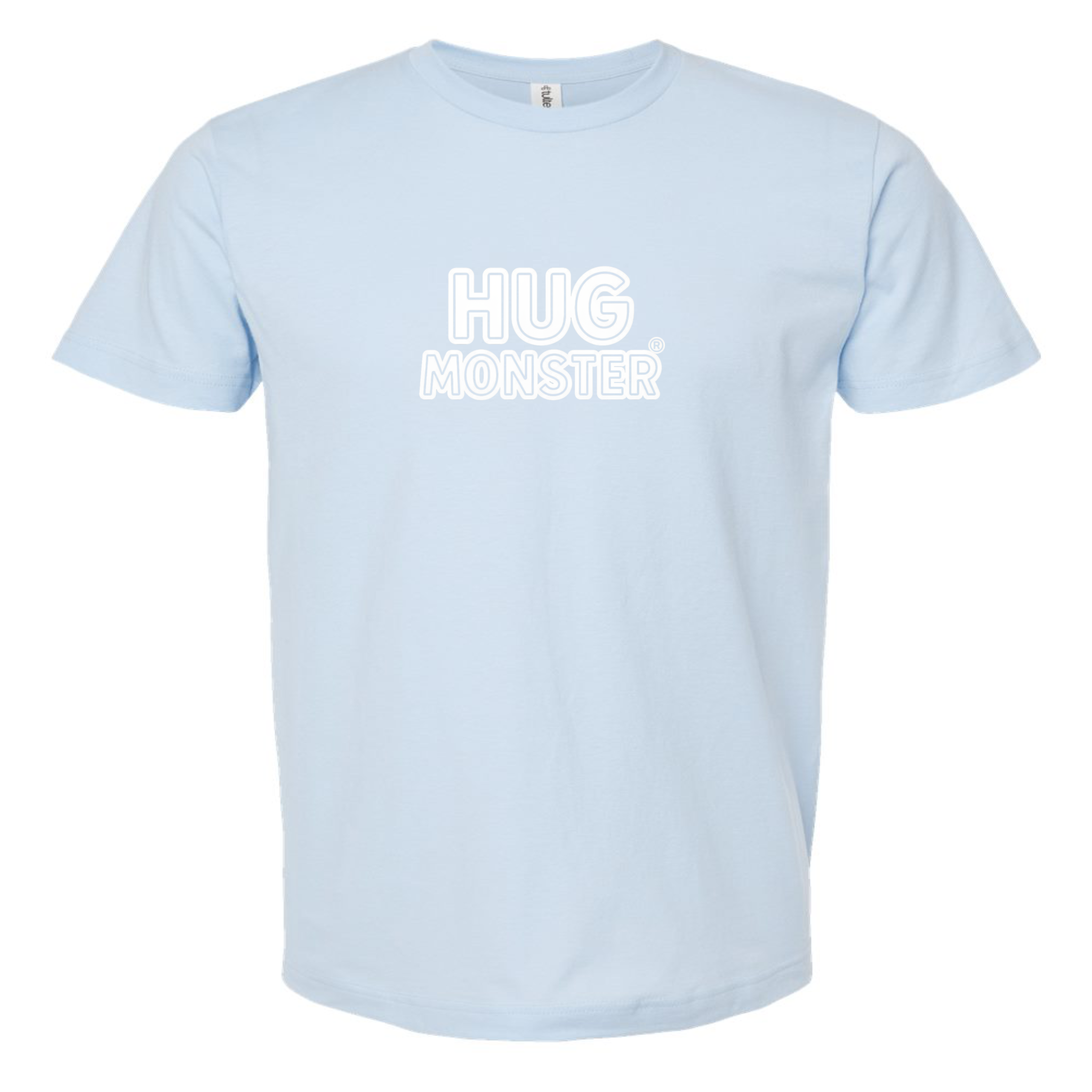 Hug Monster Classic Logo Bold Outline (White Logo) T-Shirt - Positive Message Graphic Tee in Baby Blue – Front View