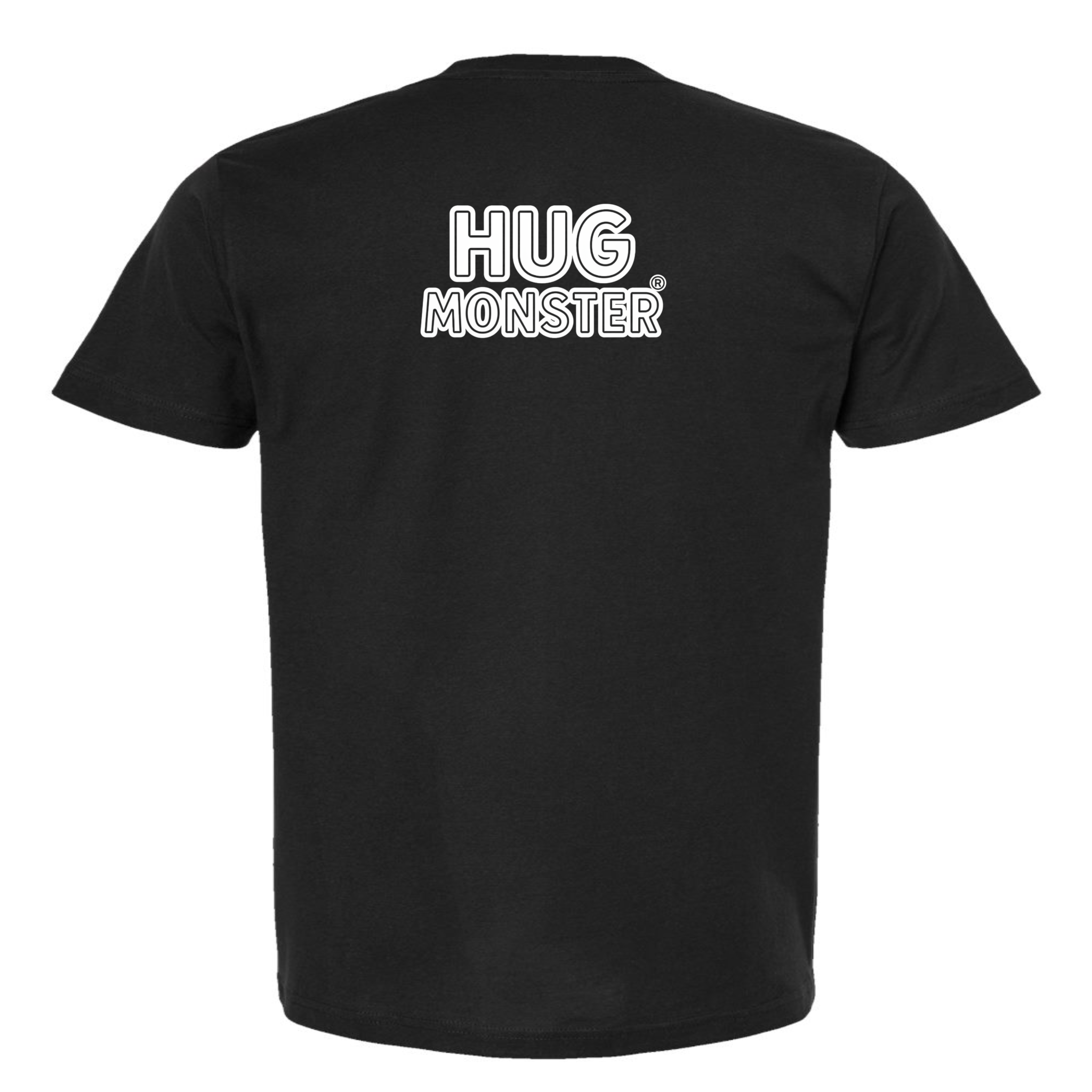 Hug Monster Classic Logo Bold Outline (White Logo) T-Shirt - Positive Message Graphic Tee in Black – Back View