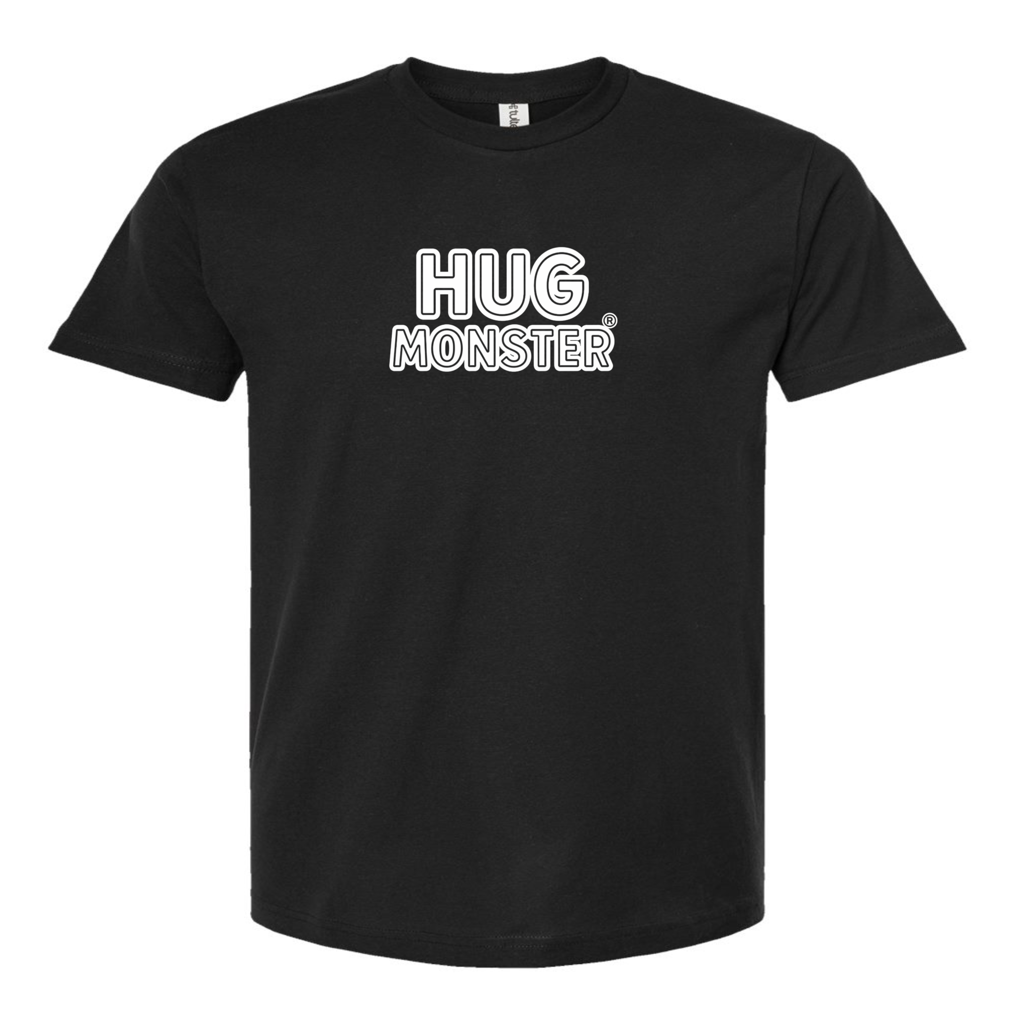 Hug Monster Classic Logo Bold Outline (White Logo) T-Shirt - Positive Message Graphic Tee in Black – Front View