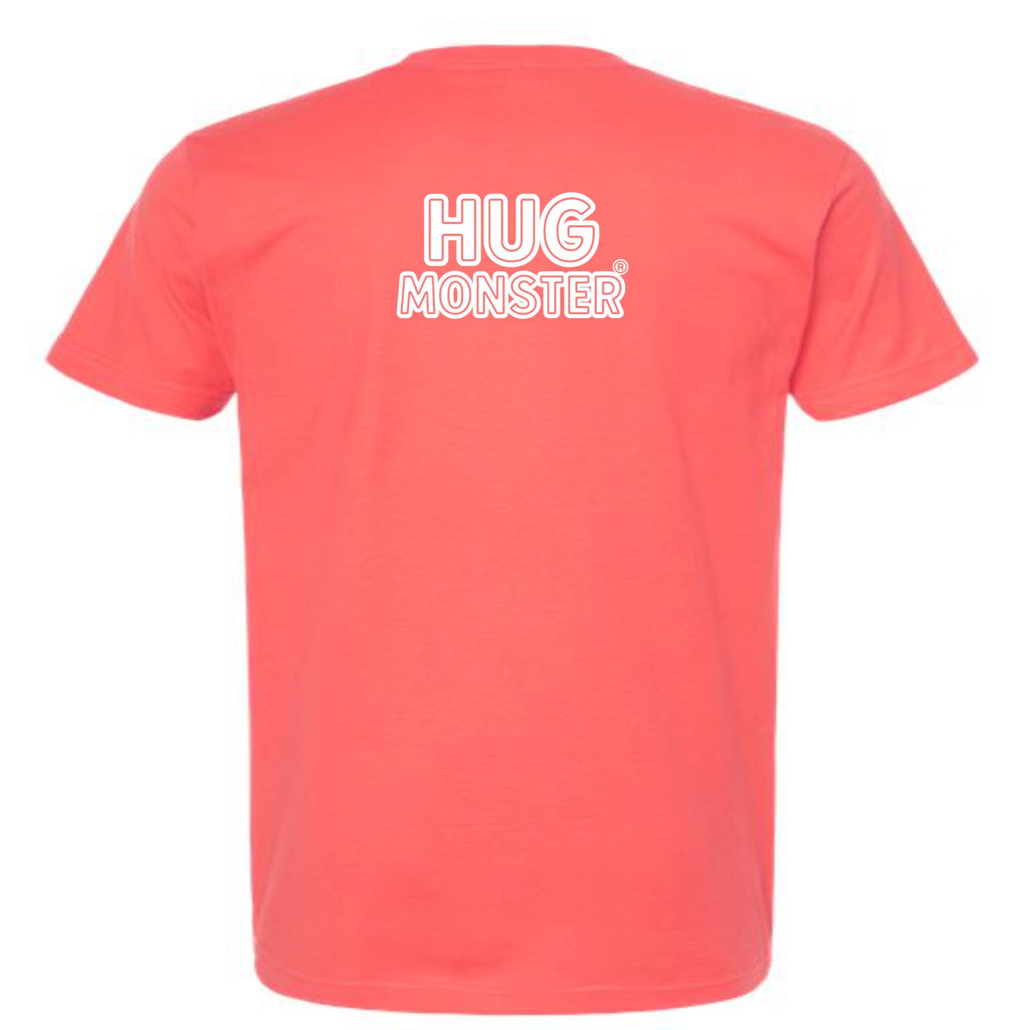 Hug Monster Classic Logo Bold Outline (White Logo) T-Shirt - Positive Message Graphic Tee in Bright Coral – Back View