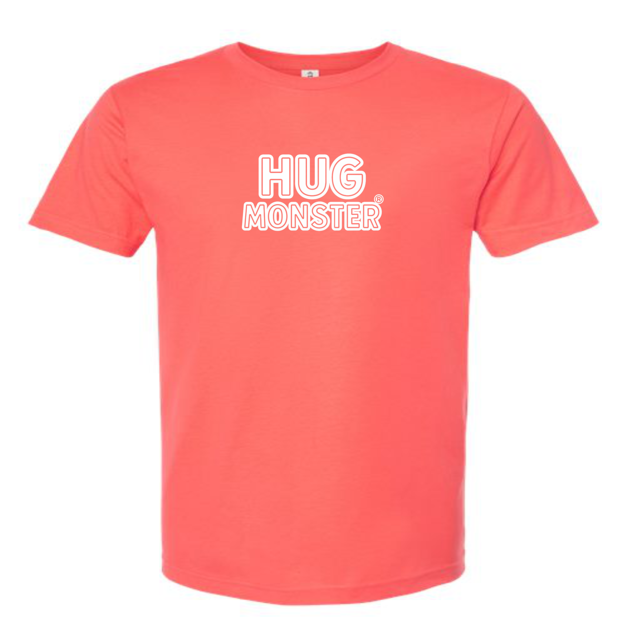 Hug Monster Classic Logo Bold Outline (White Logo) T-Shirt - Positive Message Graphic Tee in Bright Coral – Front View