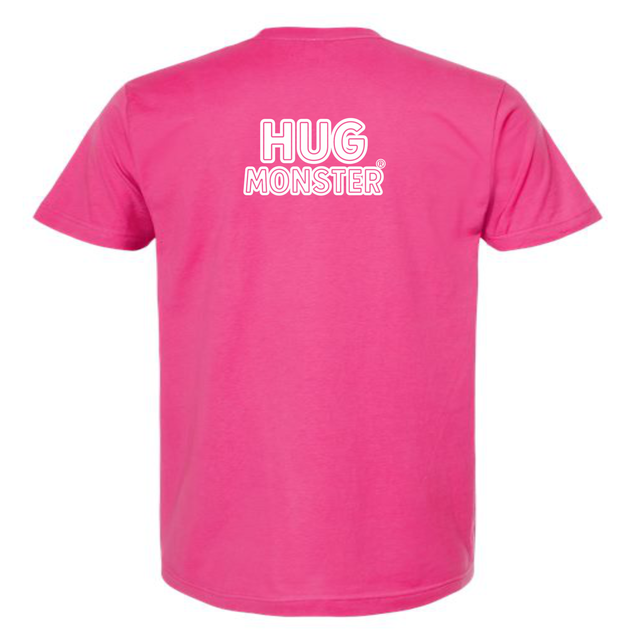 Hug Monster Classic Logo Bold Outline (White Logo) T-Shirt - Positive Message Graphic Tee in Bright Fuscia – Back View