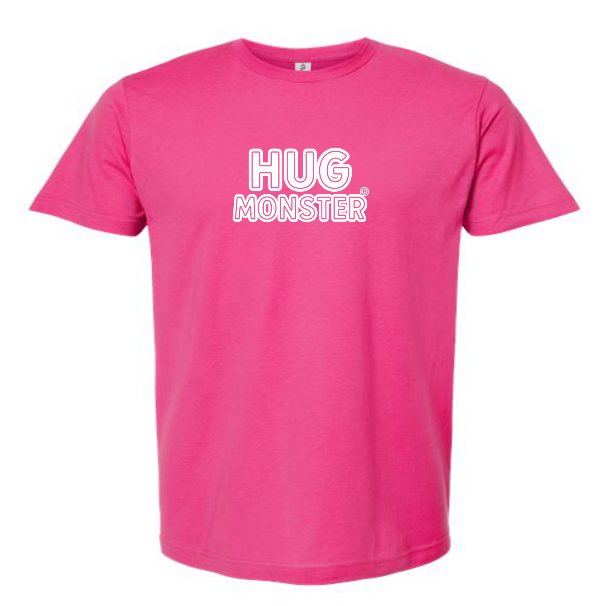Hug Monster Classic Logo Bold Outline (White Logo) T-Shirt - Positive Message Graphic Tee in Bright Fuscia – Front View