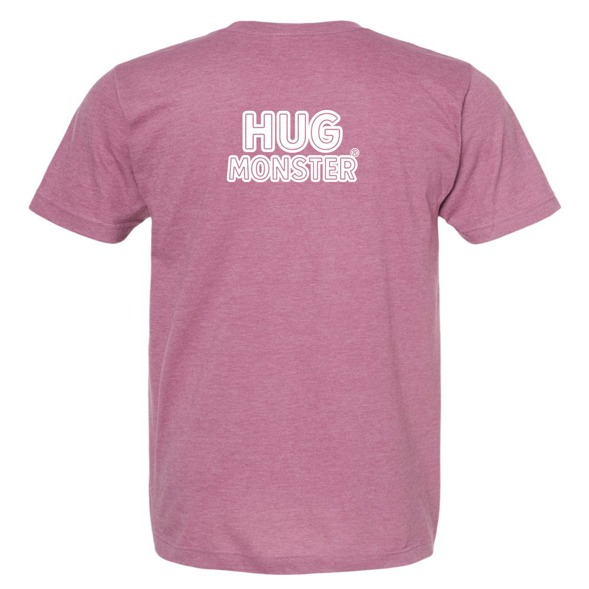 Hug Monster Classic Logo Bold Outline (White Logo) T-Shirt in Heather Dusty Rose Pink – Back View