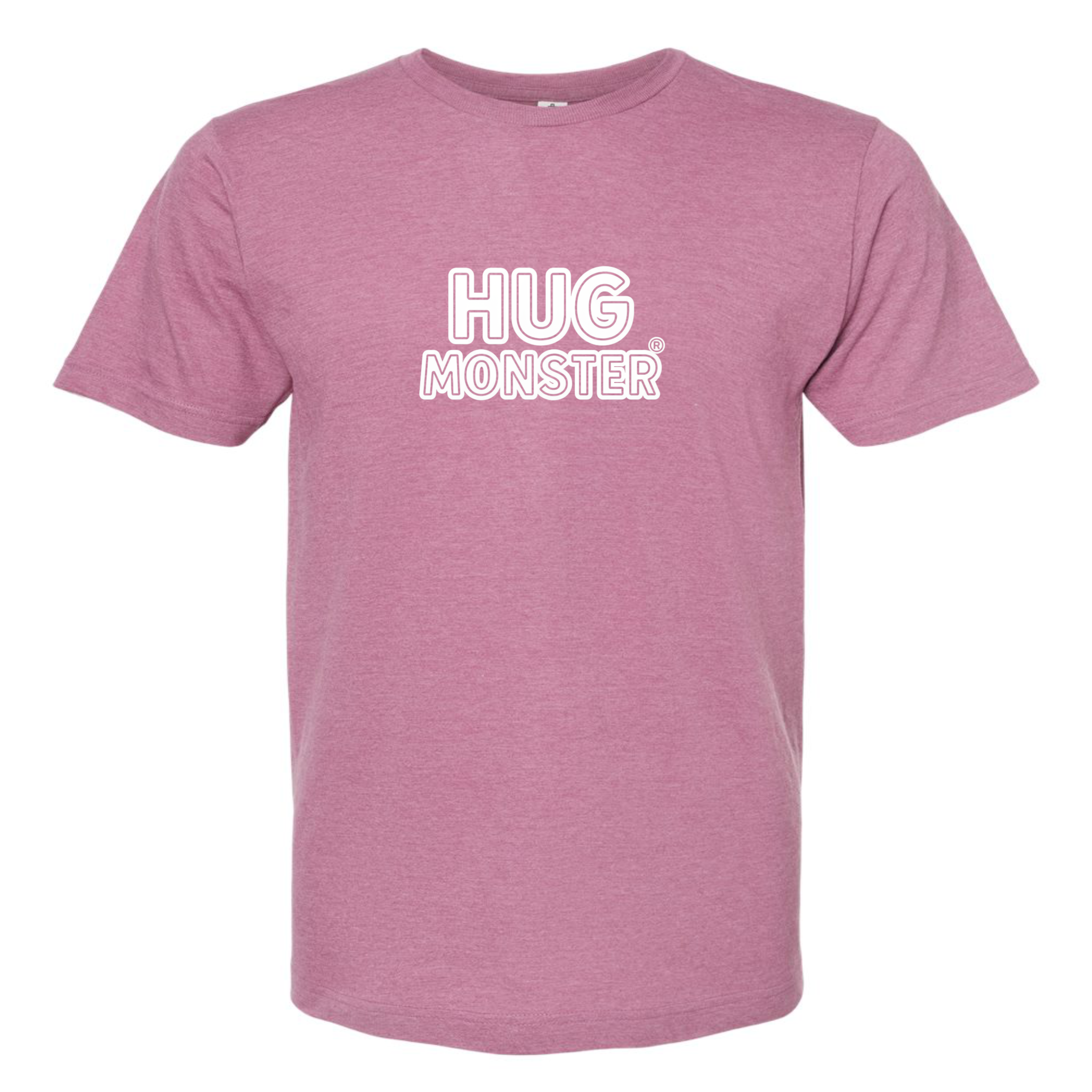 Hug Monster Classic Logo Bold Outline (White Logo) T-Shirt in Heather Dusty Rose Pink – Front View
