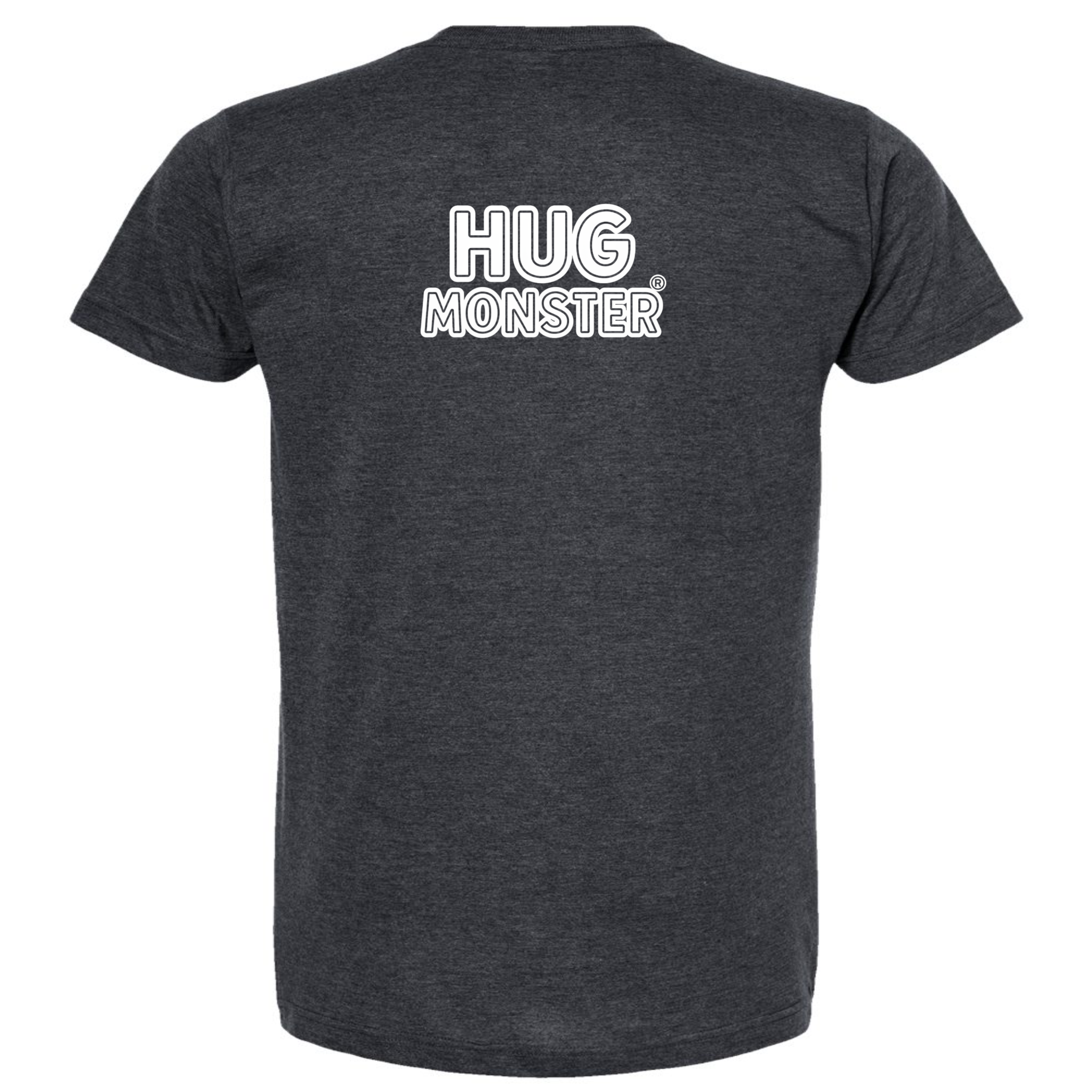 Hug Monster Classic Logo Bold Outline (White Logo) T-Shirt - Positive Message Graphic Tee in Heather Graphite – Back View