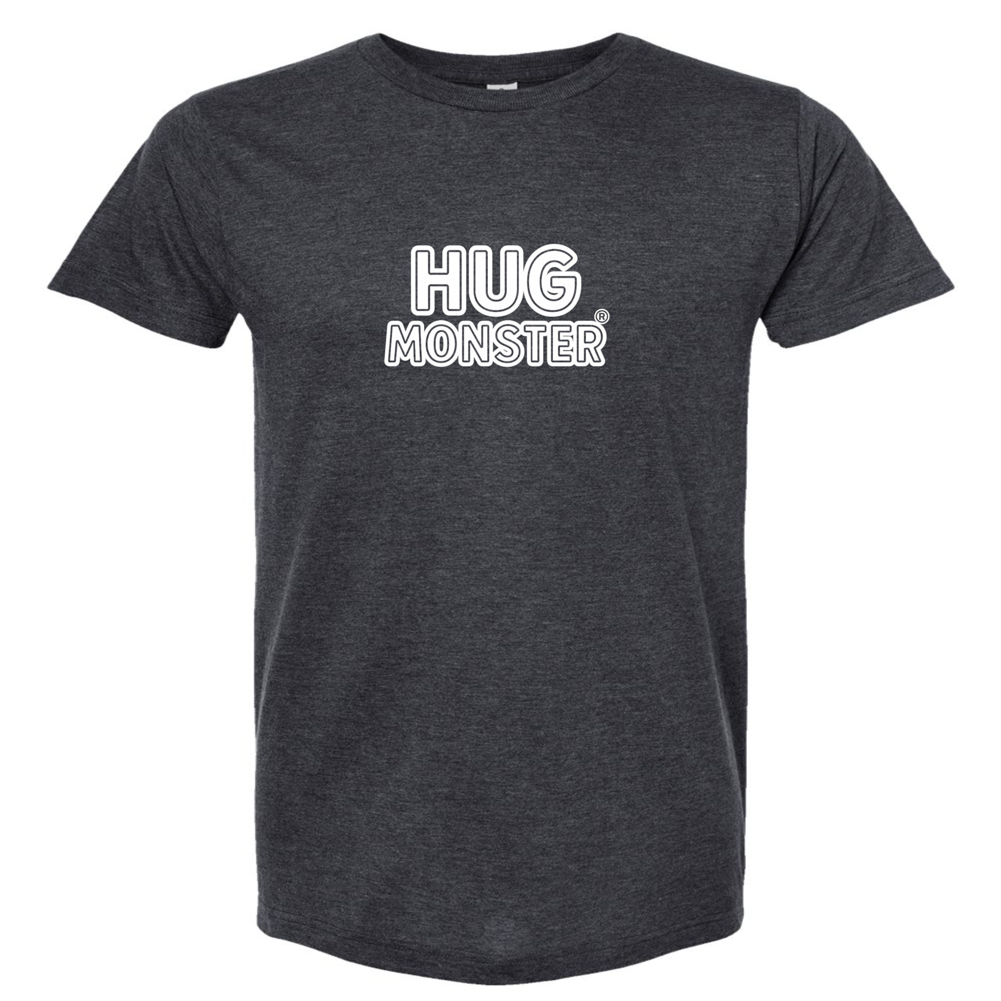 Hug Monster Classic Logo Bold Outline (White Logo) T-Shirt - Positive Message Graphic Tee in Heather Graphite – Front View