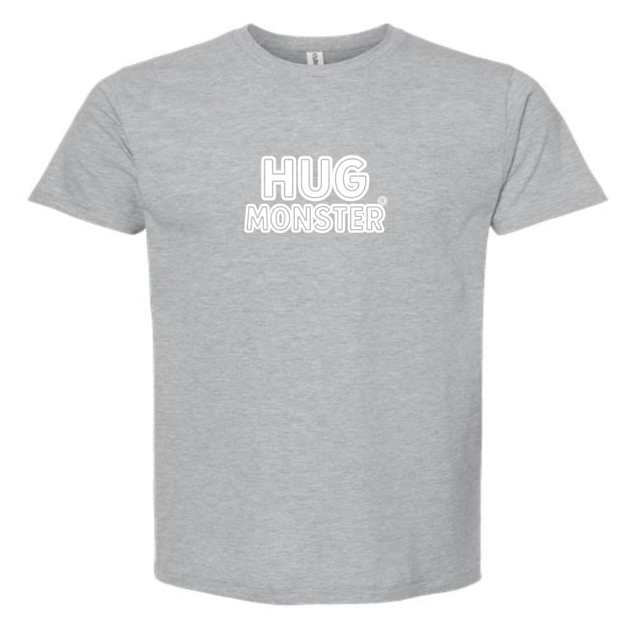 Hug Monster Classic Logo Bold Outline (White Logo) T-Shirt - Positive Message Graphic Tee in Heather Grey – Front View