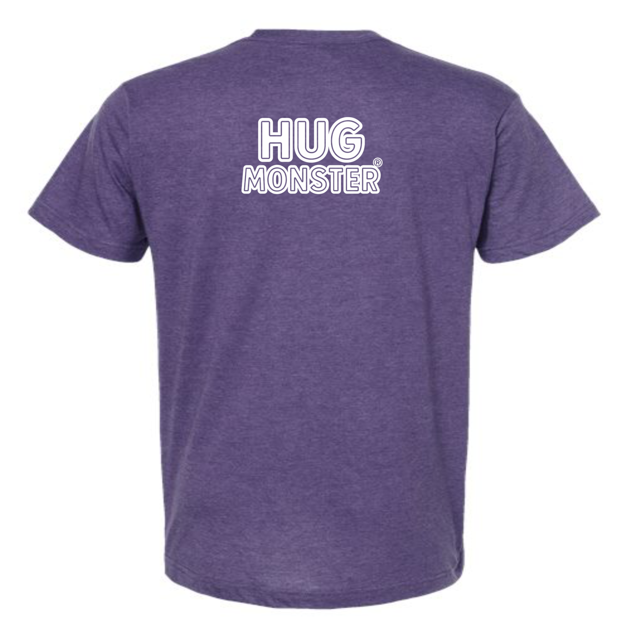 Hug Monster Classic Logo Bold Outline (White Logo) T-Shirt - Positive Message Graphic Tee in Heather Purple – Back View