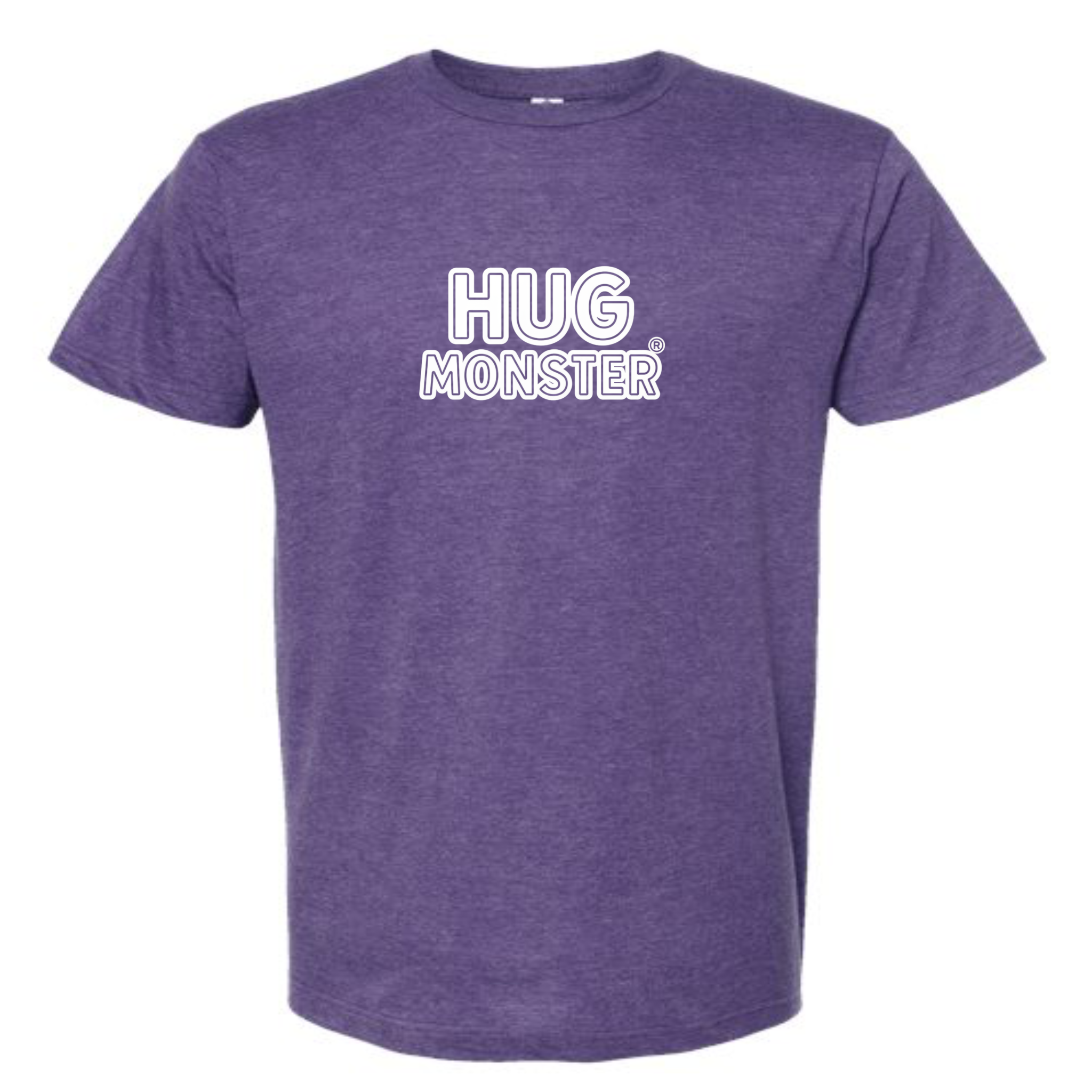 Hug Monster Classic Logo Bold Outline (White Logo) T-Shirt - Positive Message Graphic Tee in Heather Purple – Front View