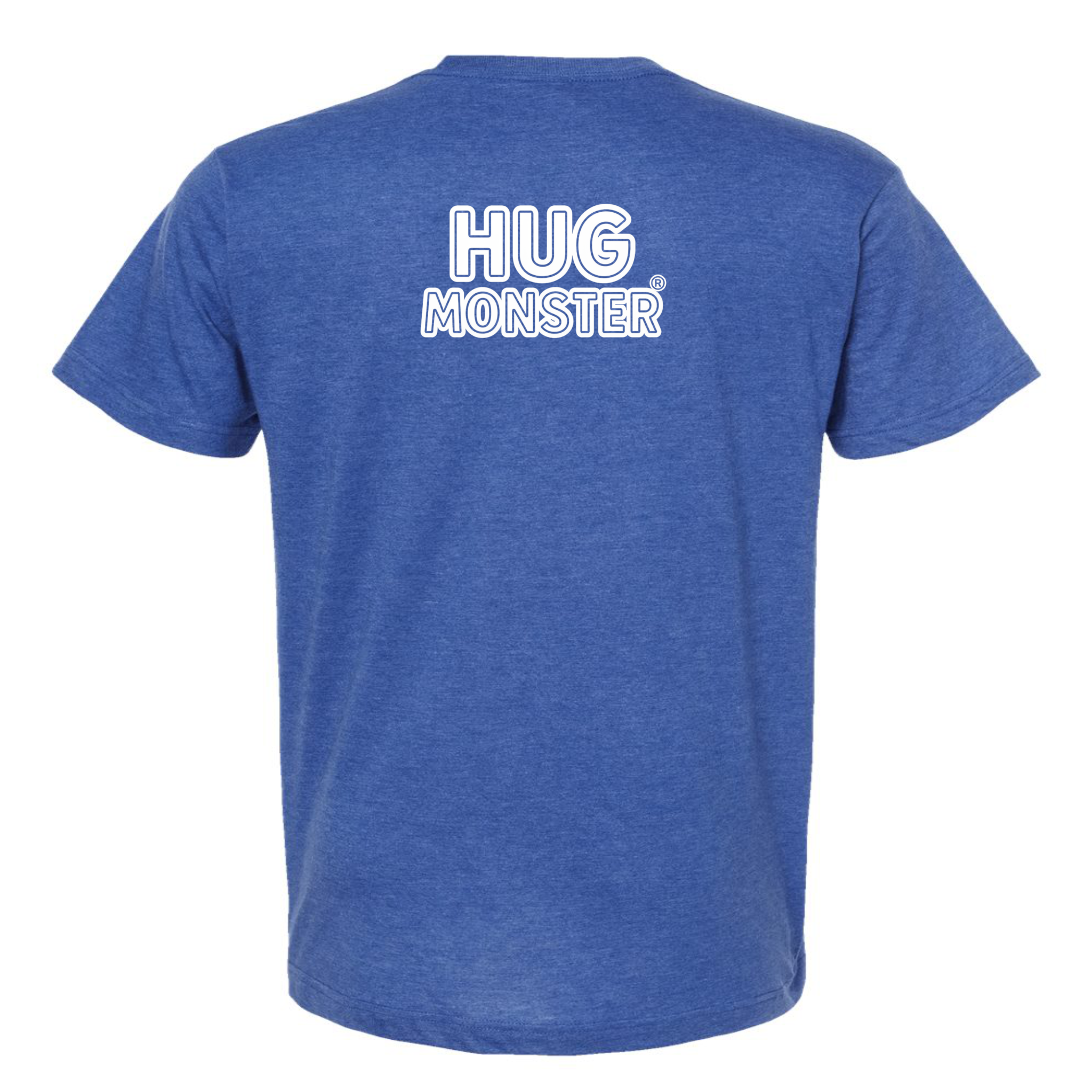 Hug Monster Classic Logo Bold Outline (White Logo) T-Shirt - Positive Message Graphic Tee in Heather Royal Blue – Back View