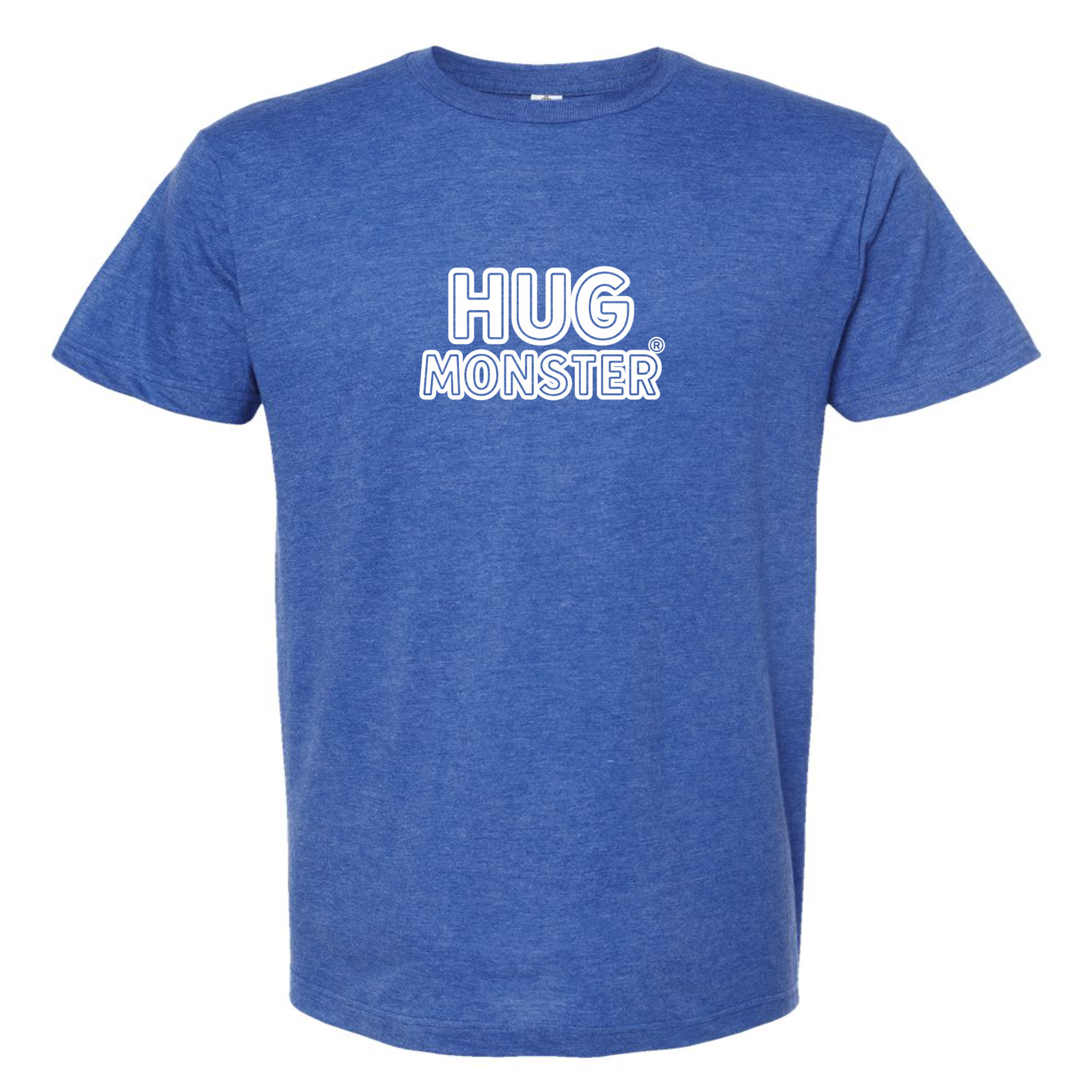 Hug Monster Classic Logo Bold Outline (White Logo) T-Shirt - Positive Message Graphic Tee in Heather Royal Blue – Front View