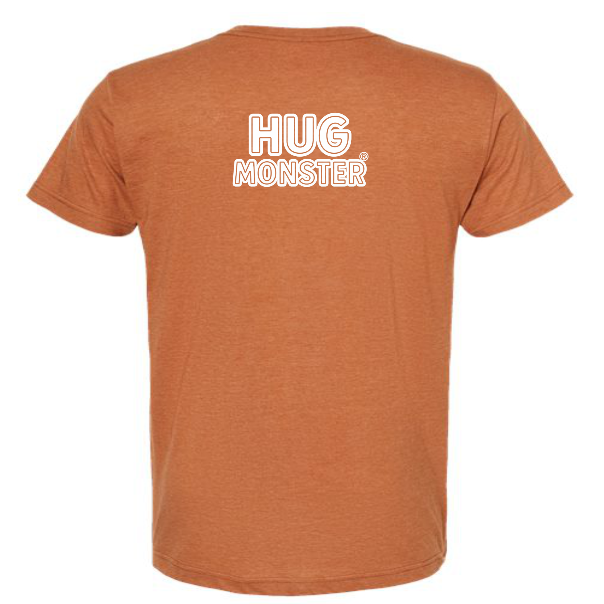 Hug Monster Classic Logo Bold Outline (White Logo) T-Shirt - Positive Message Graphic Tee in Heather Rust – Back View