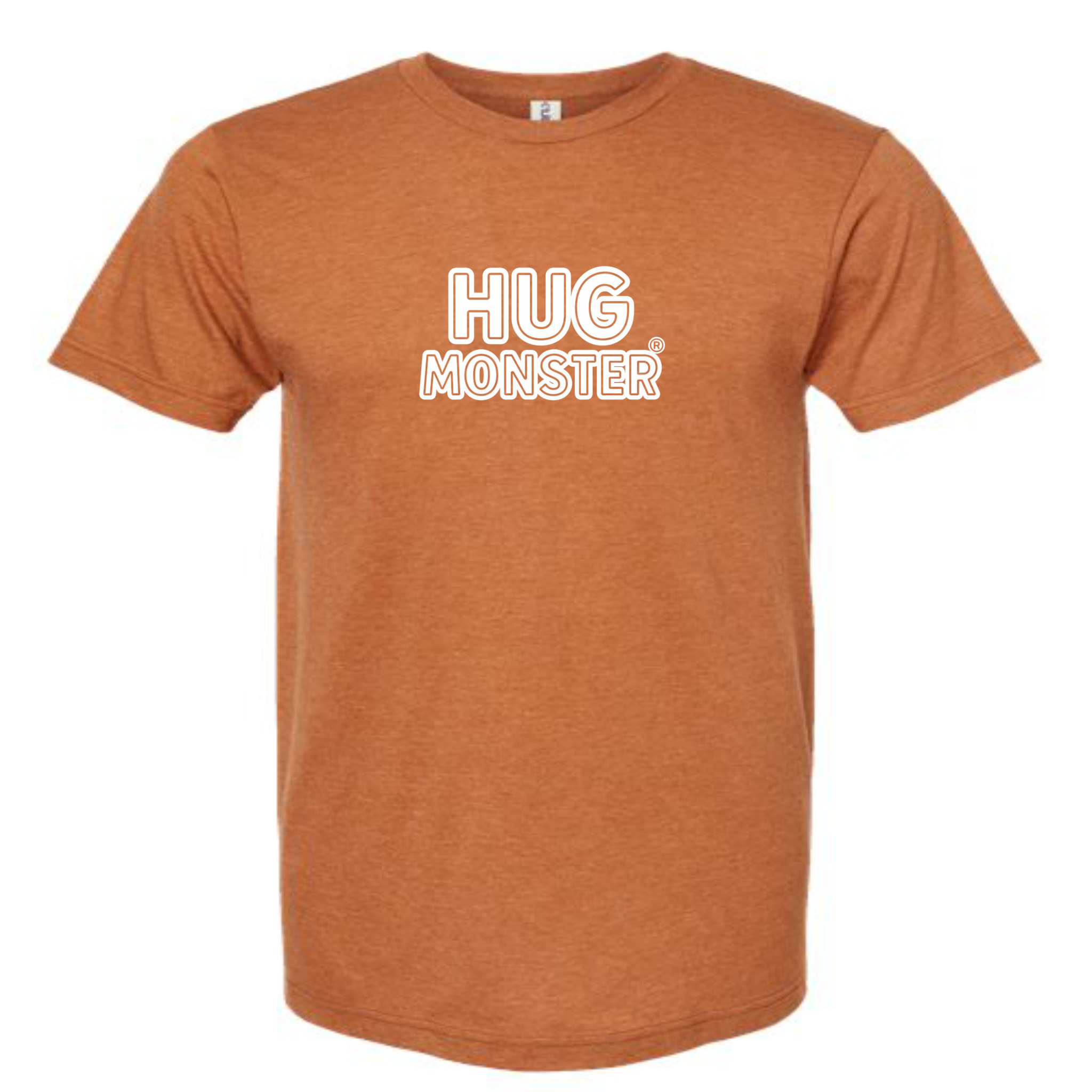 Hug Monster Classic Logo Bold Outline (White Logo) T-Shirt - Positive Message Graphic Tee in Heather Rust – Front View