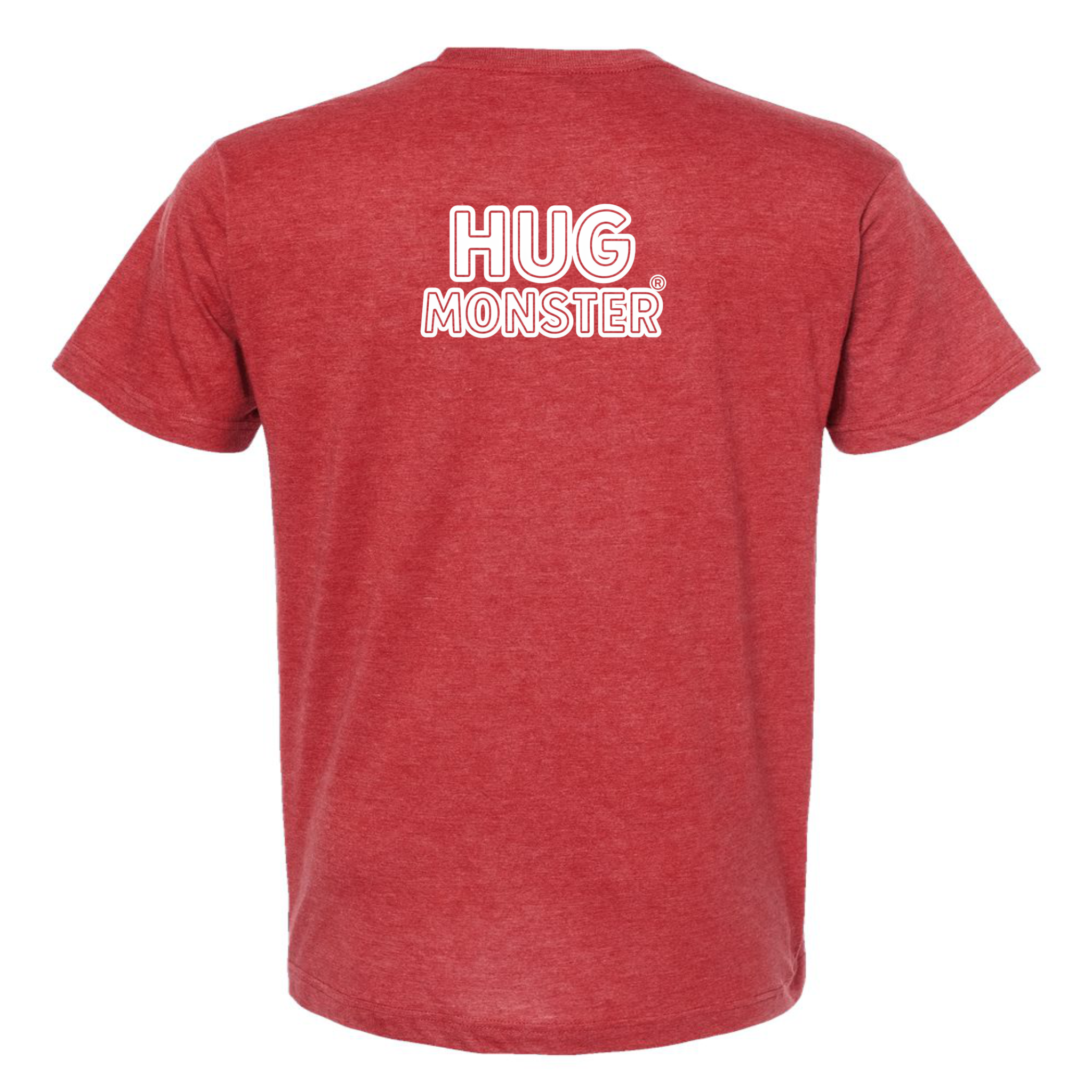 Hug Monster Classic Logo Bold Outline (White Logo) T-Shirt - Positive Message Graphic Tee in Heather Scarlet Red – Back View