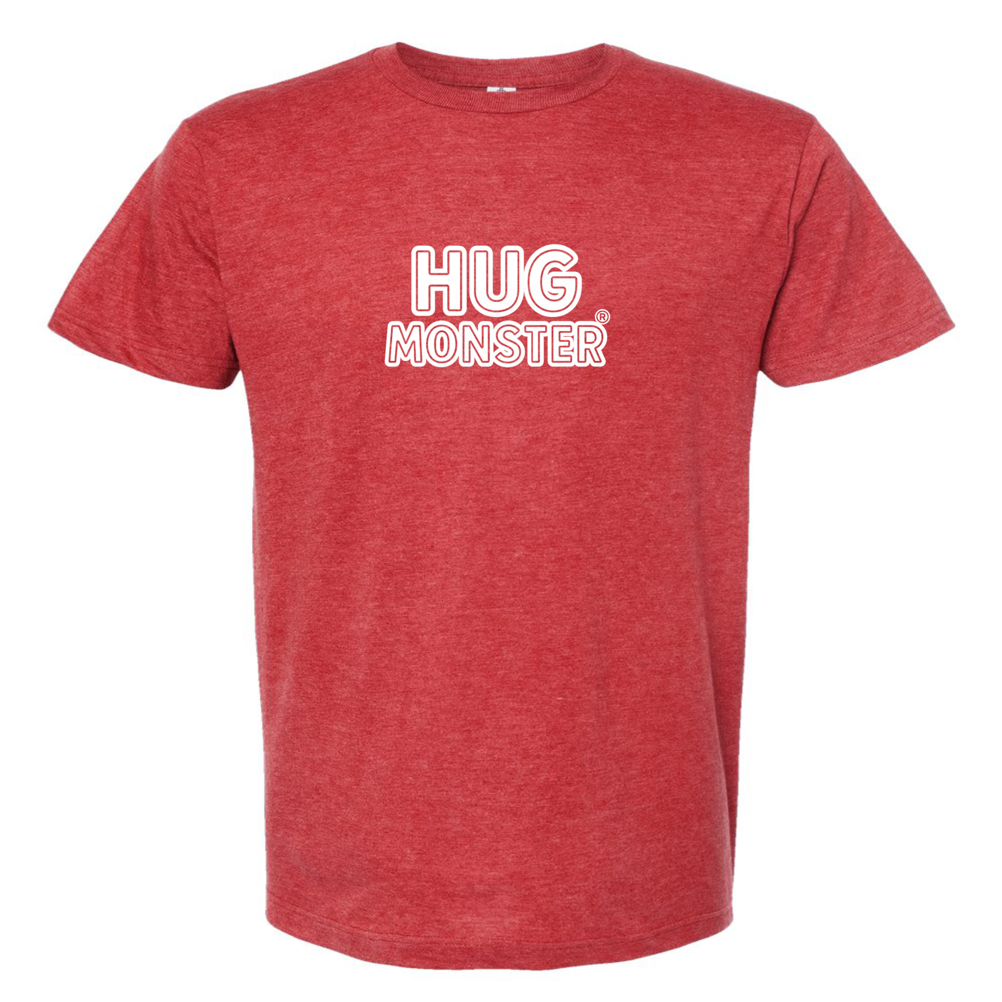Hug Monster Classic Logo Bold Outline (White Logo) T-Shirt - Positive Message Graphic Tee in Heather Scarlet Red – Front View
