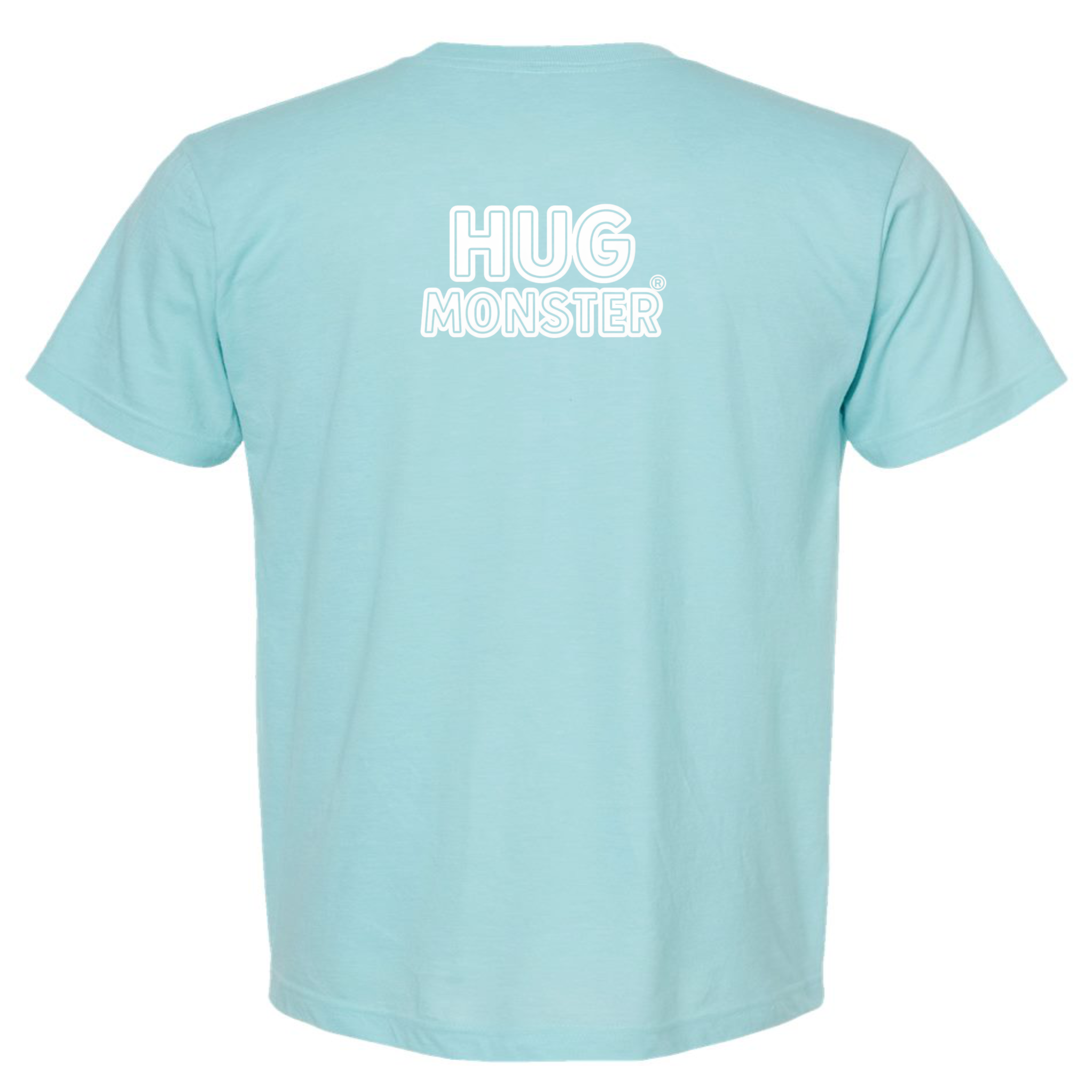 Hug Monster Classic Logo Bold Outline (White Logo) T-Shirt - Positive Message Graphic Tee in Heather Turquoise – Back View