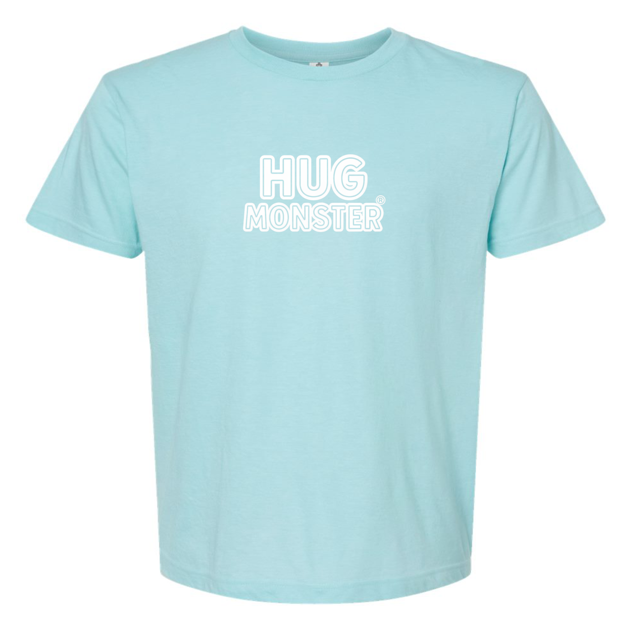 Hug Monster Classic Logo Bold Outline (White Logo) T-Shirt - Positive Message Graphic Tee in Heather Turquoise – Front View