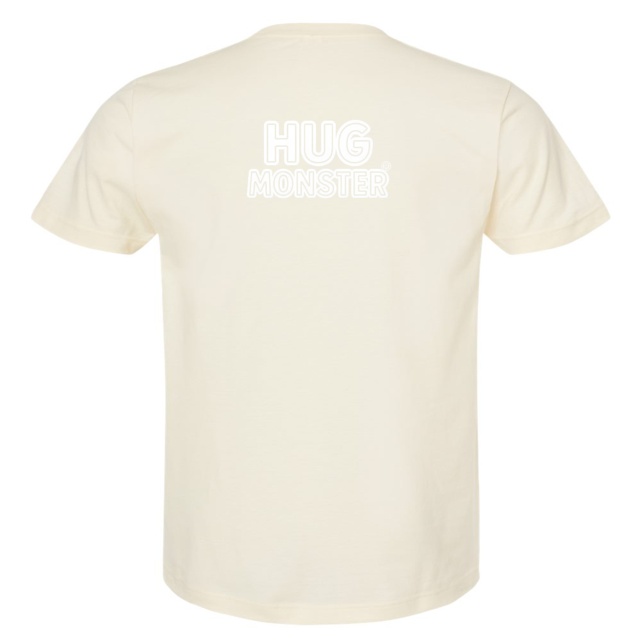 Hug Monster Classic Logo Bold Outline (White Logo) T-Shirt - Positive Message Graphic Tee in Natural – Back View