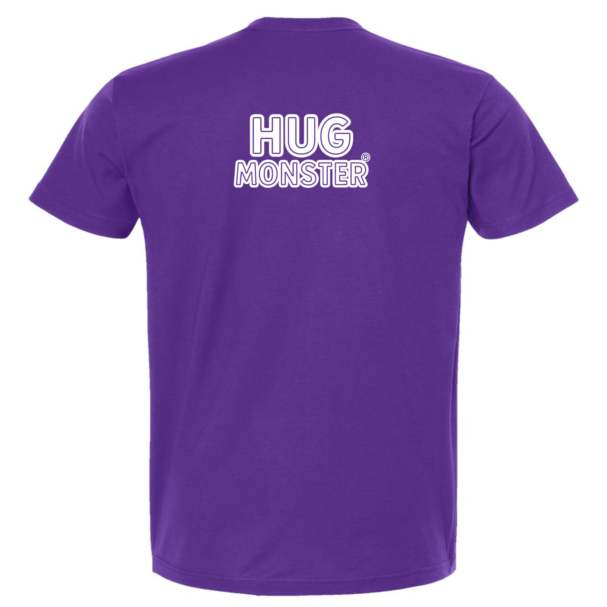 Hug Monster Classic Logo Bold Outline (White Logo) T-Shirt - Positive Message Graphic Tee in Purple – Back View