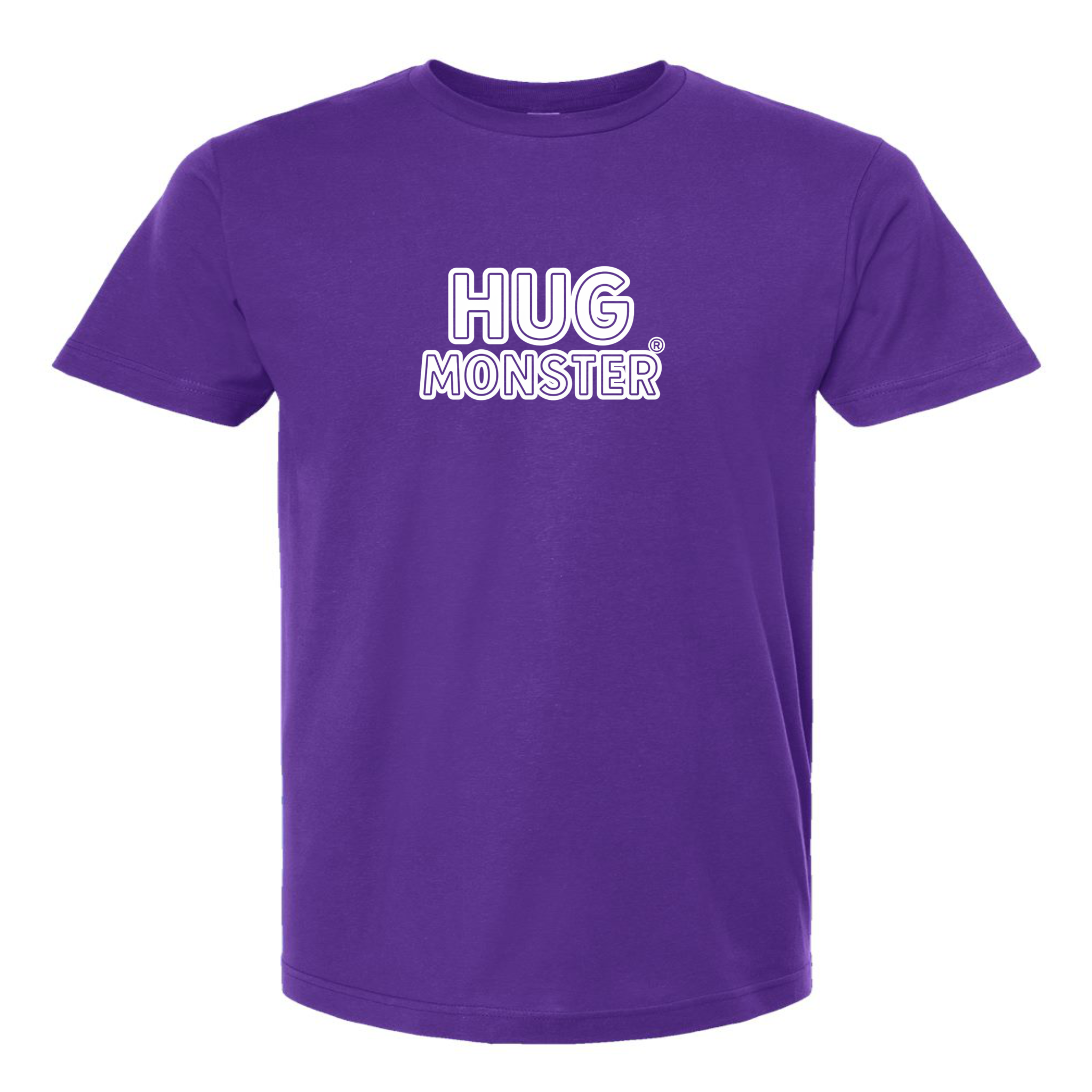 Hug Monster Classic Logo Bold Outline (White Logo) T-Shirt - Positive Message Graphic Tee in Purple – Front View
