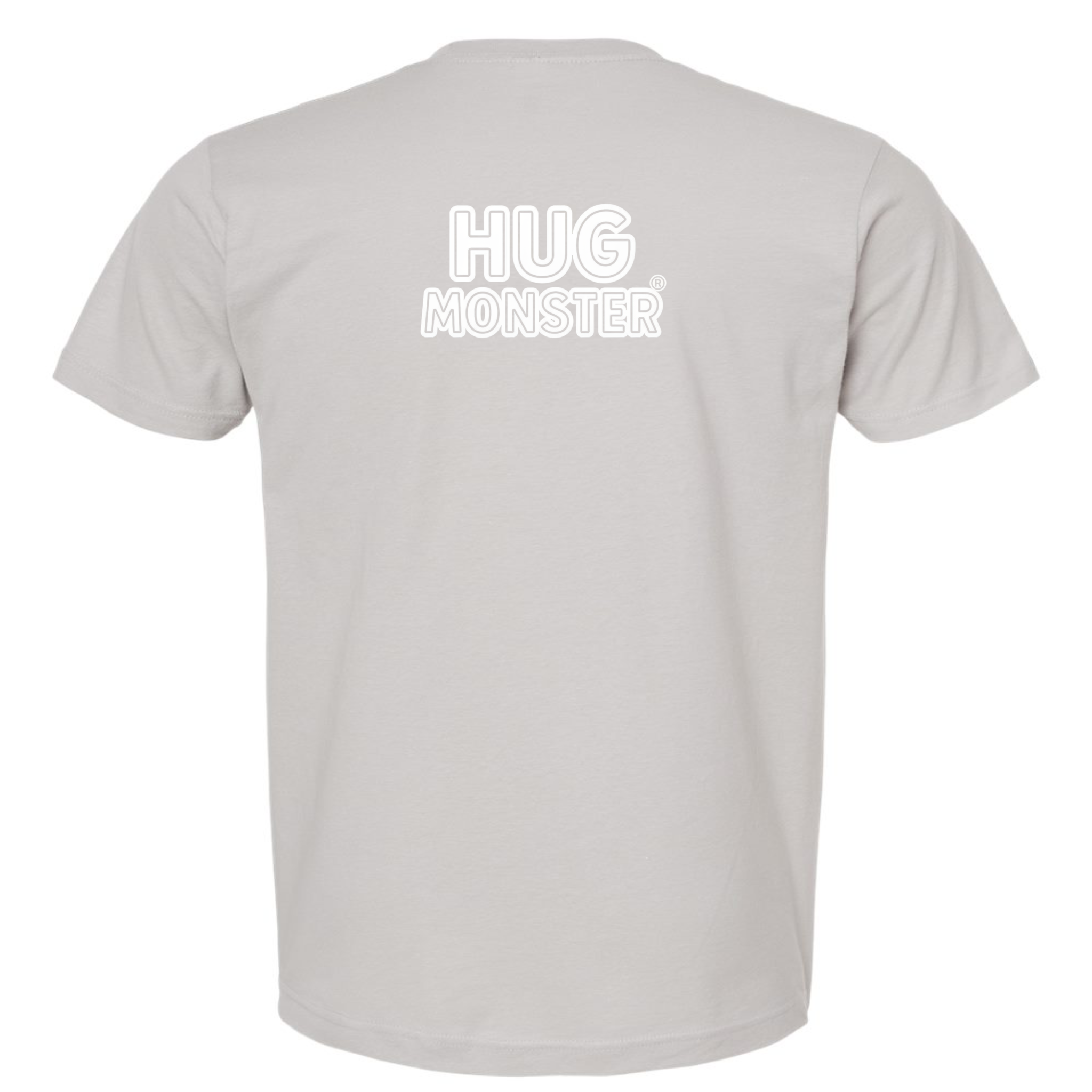 Hug Monster Classic Logo Bold Outline (White Logo) T-Shirt - Positive Message Graphic Tee in Silver – Back View