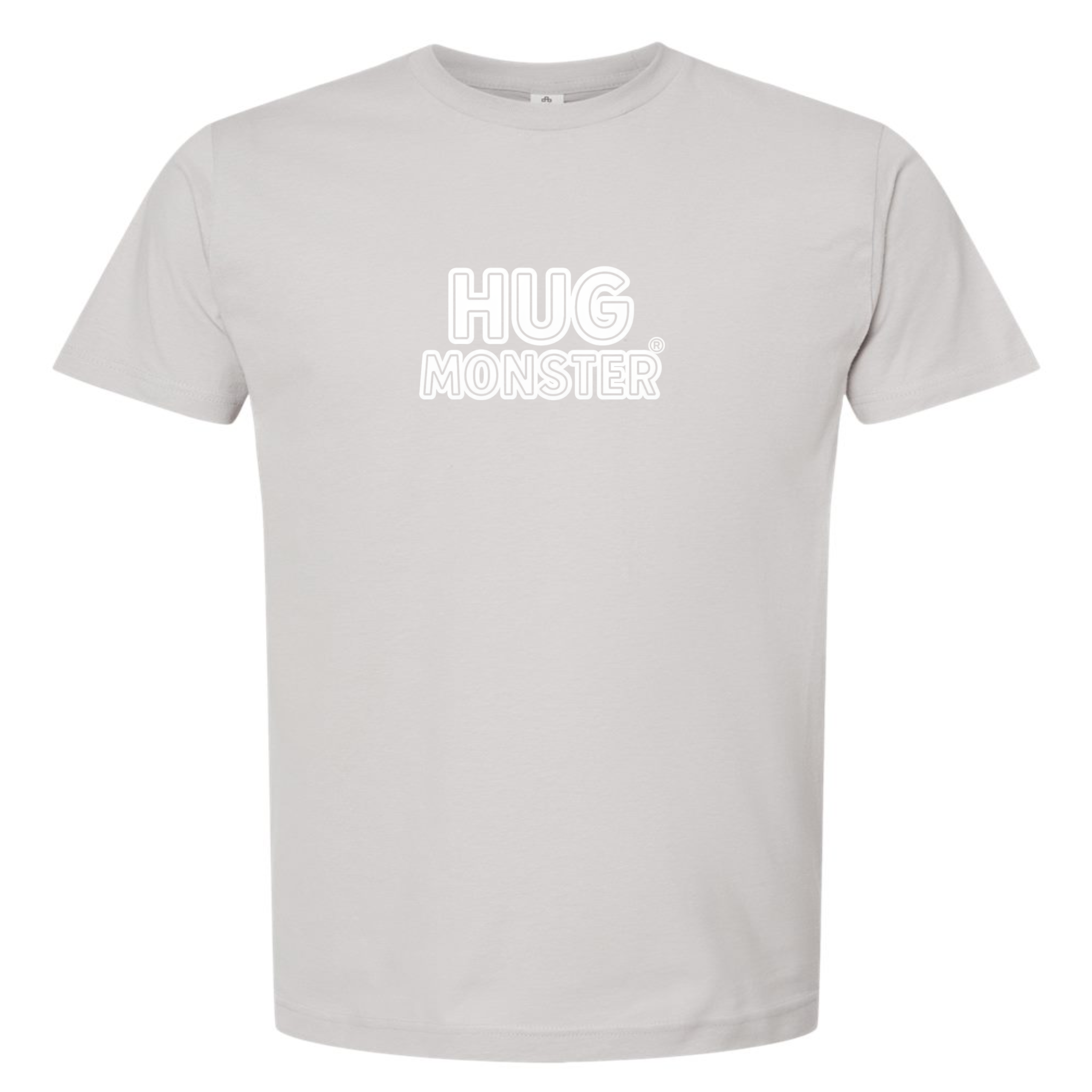 Hug Monster Classic Logo Bold Outline (White Logo) T-Shirt - Positive Message Graphic Tee in Silver – Front View