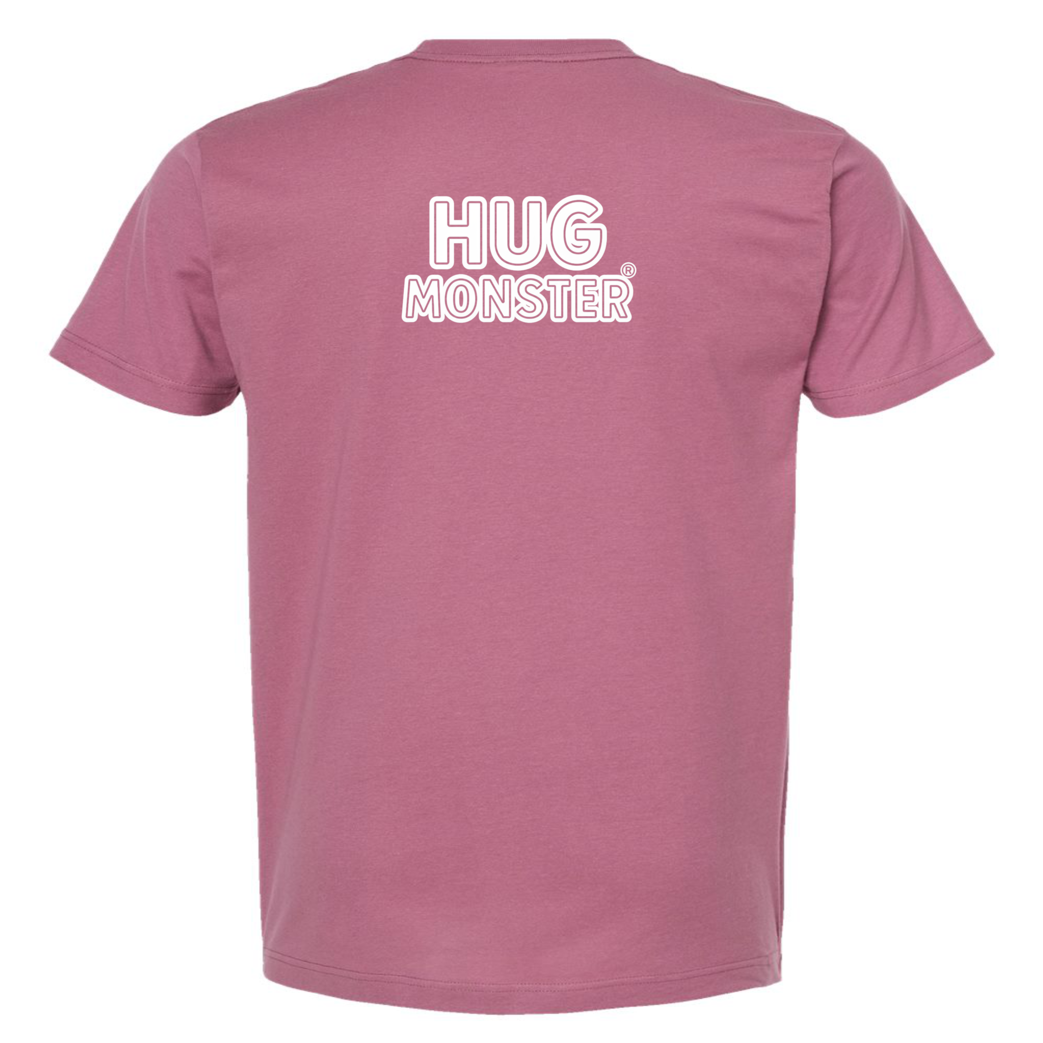 Hug Monster Classic Logo Bold Outline (White Logo) T-Shirt - Positive Message Graphic Tee in Soft Dusty Rose Pink – Back View