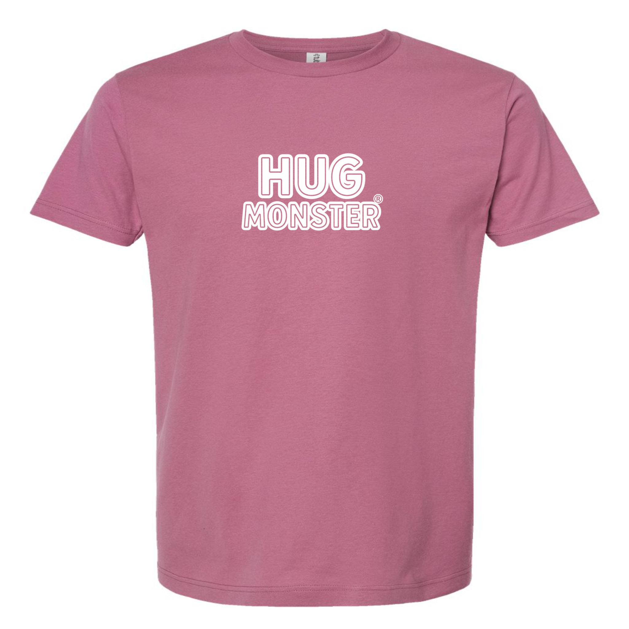 Hug Monster Classic Logo Bold Outline (White Logo) T-Shirt in Soft Dusty Rose Pink – Front View