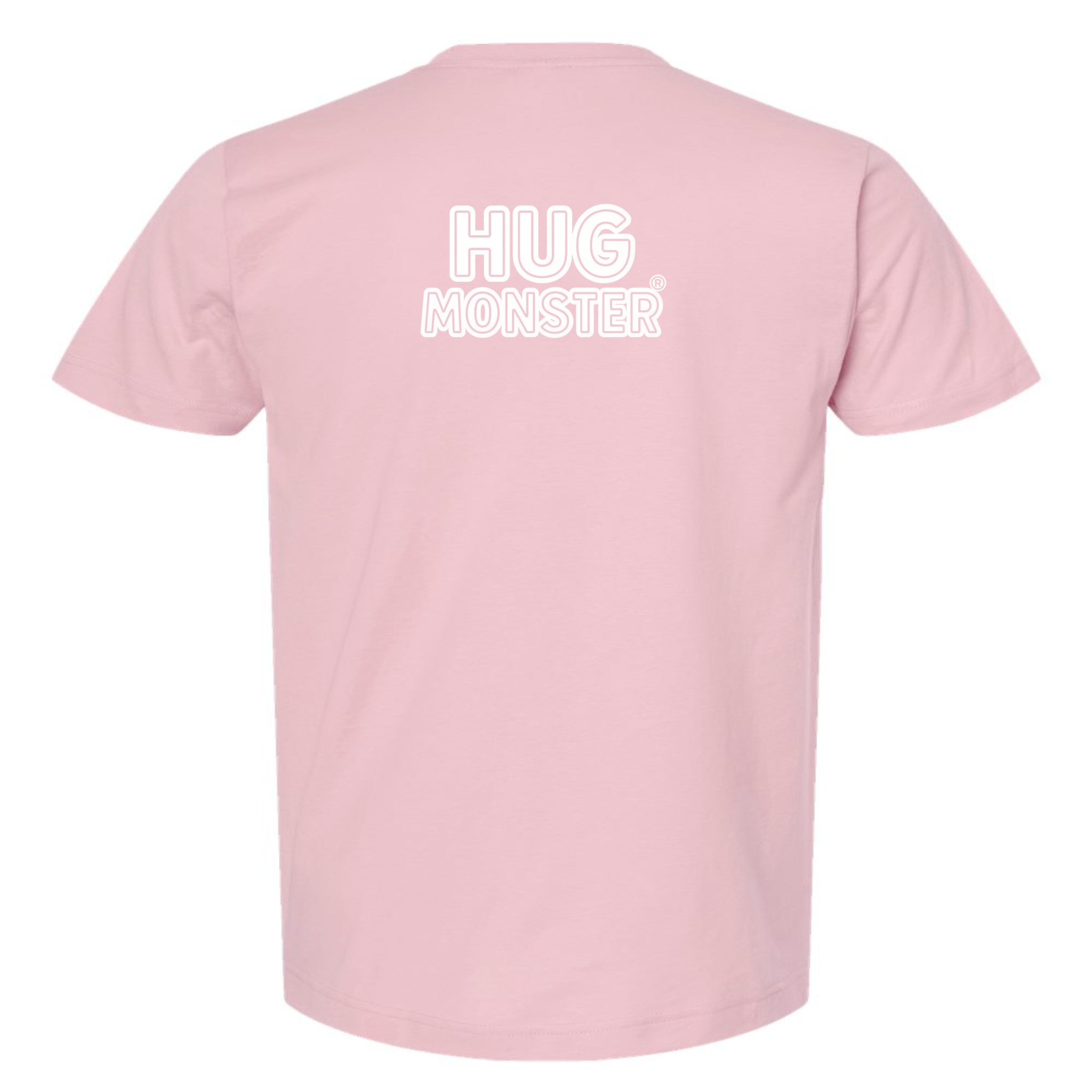 Hug Monster Classic Logo Bold Outline (White Logo) T-Shirt - Positive Message Graphic Tee in Soft Pink – Back View