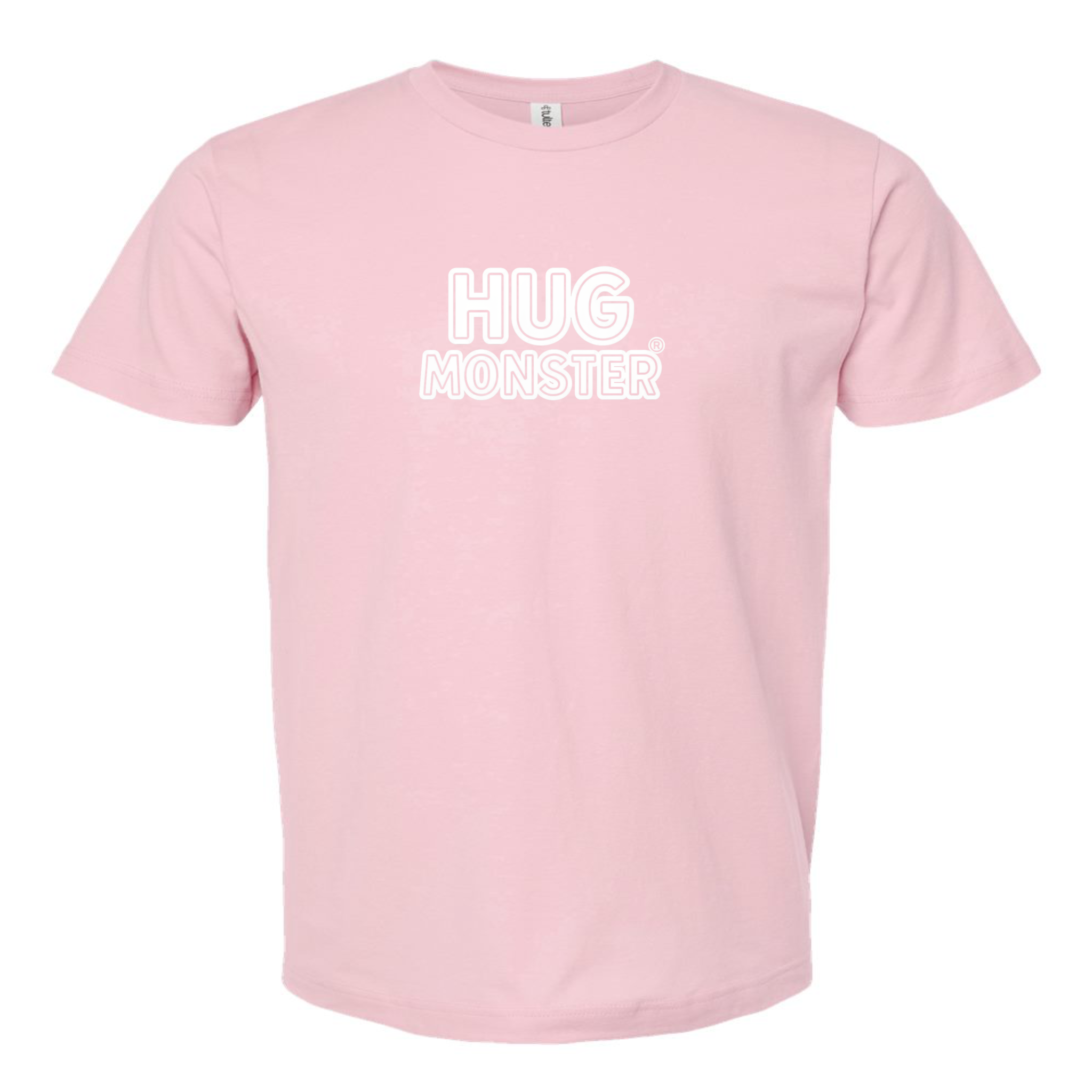 Hug Monster Classic Logo Bold Outline (White Logo) T-Shirt - Positive Message Graphic Tee in Soft Pink – Front View