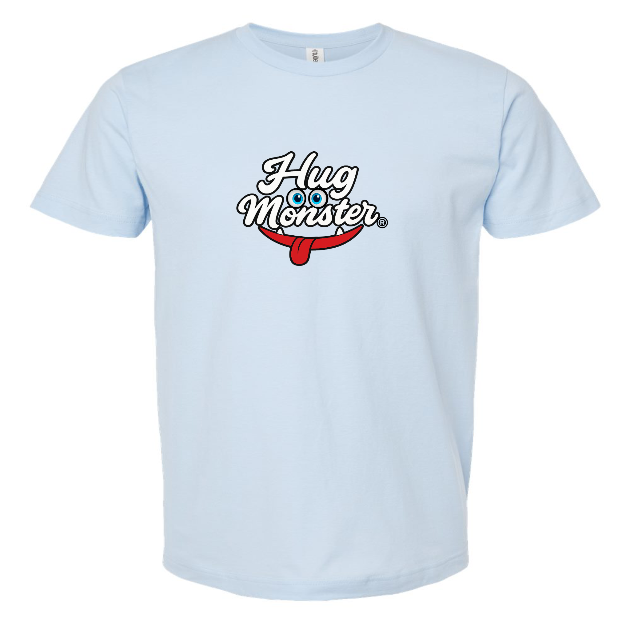 Hug Monster Classic Original Logo T-Shirt - Positive Message Graphic Tee in Baby Blue – Front View