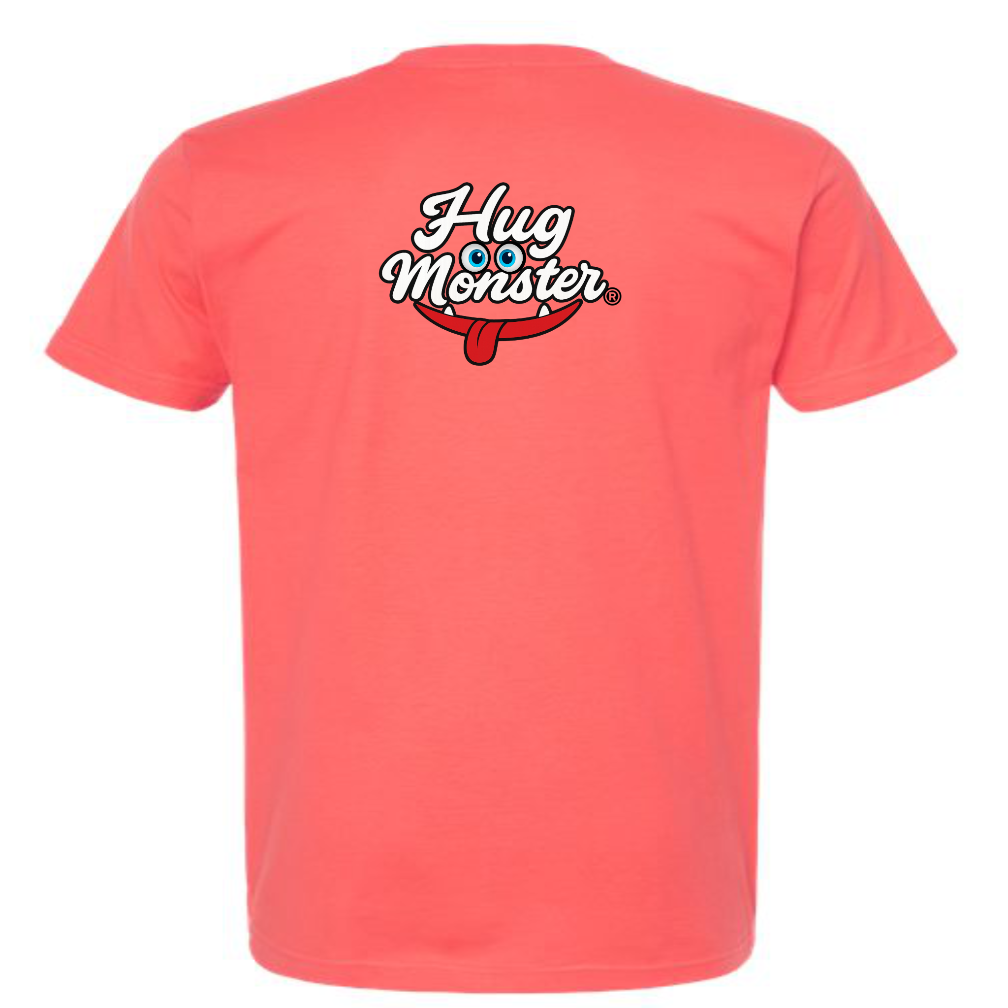 Hug Monster Classic Original Logo T-Shirt - Positive Message Graphic Tee in Bright Coral – Back View