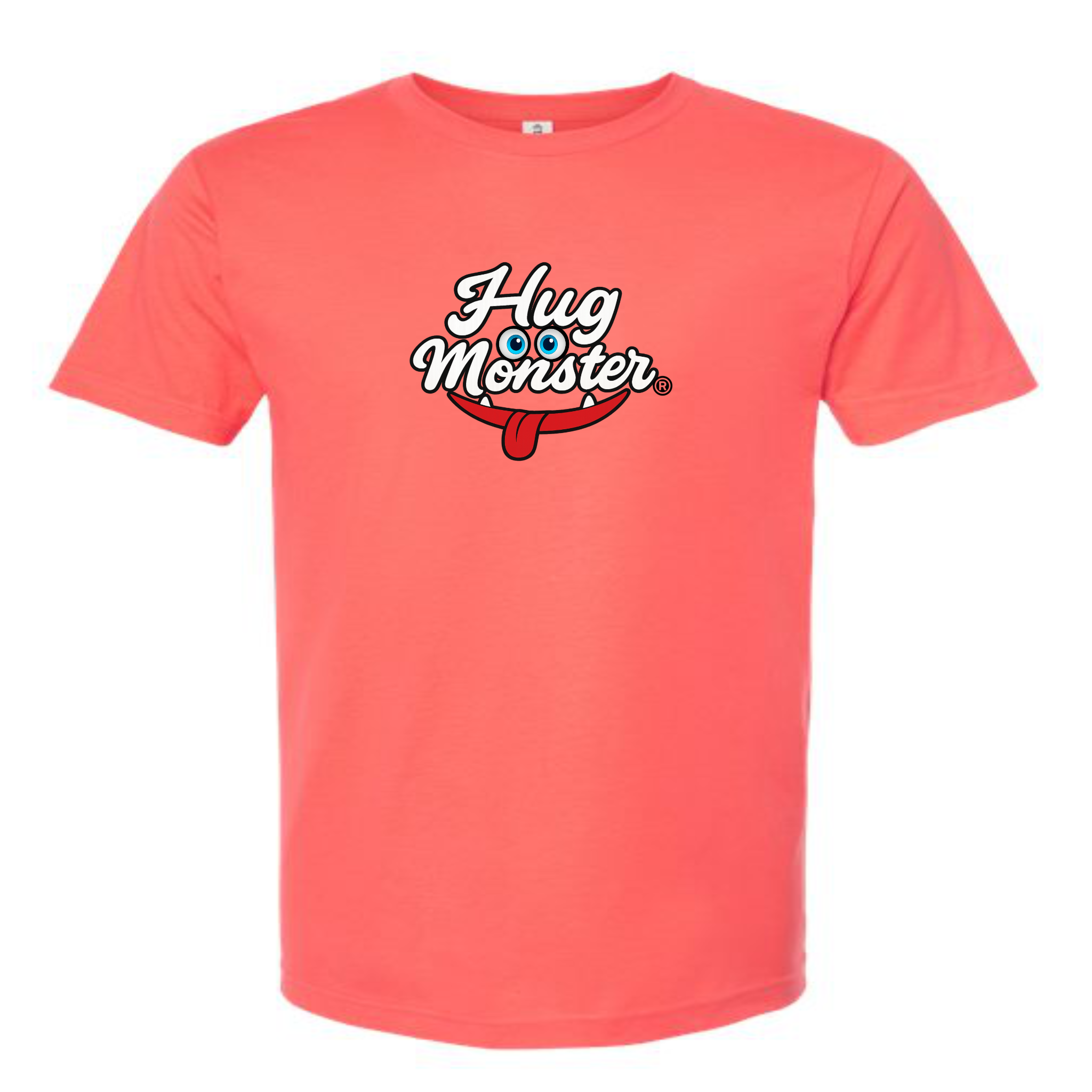 Hug Monster Classic Original Logo T-Shirt - Positive Message Graphic Tee in Bright Coral – Front View