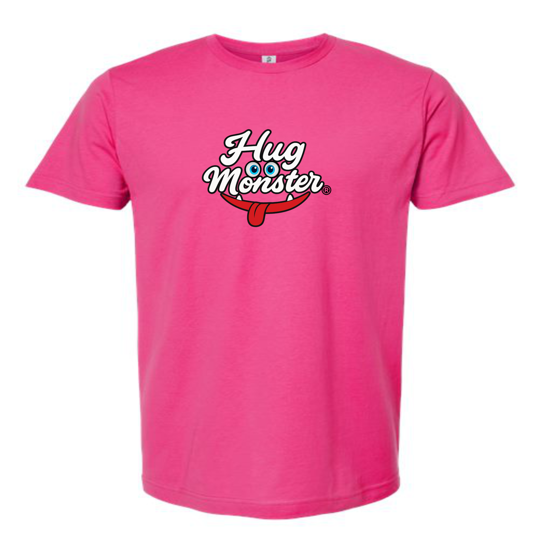 Hug Monster Classic Original Logo T-Shirt - Positive Message Graphic Tee in Bright Fuscia – Front View