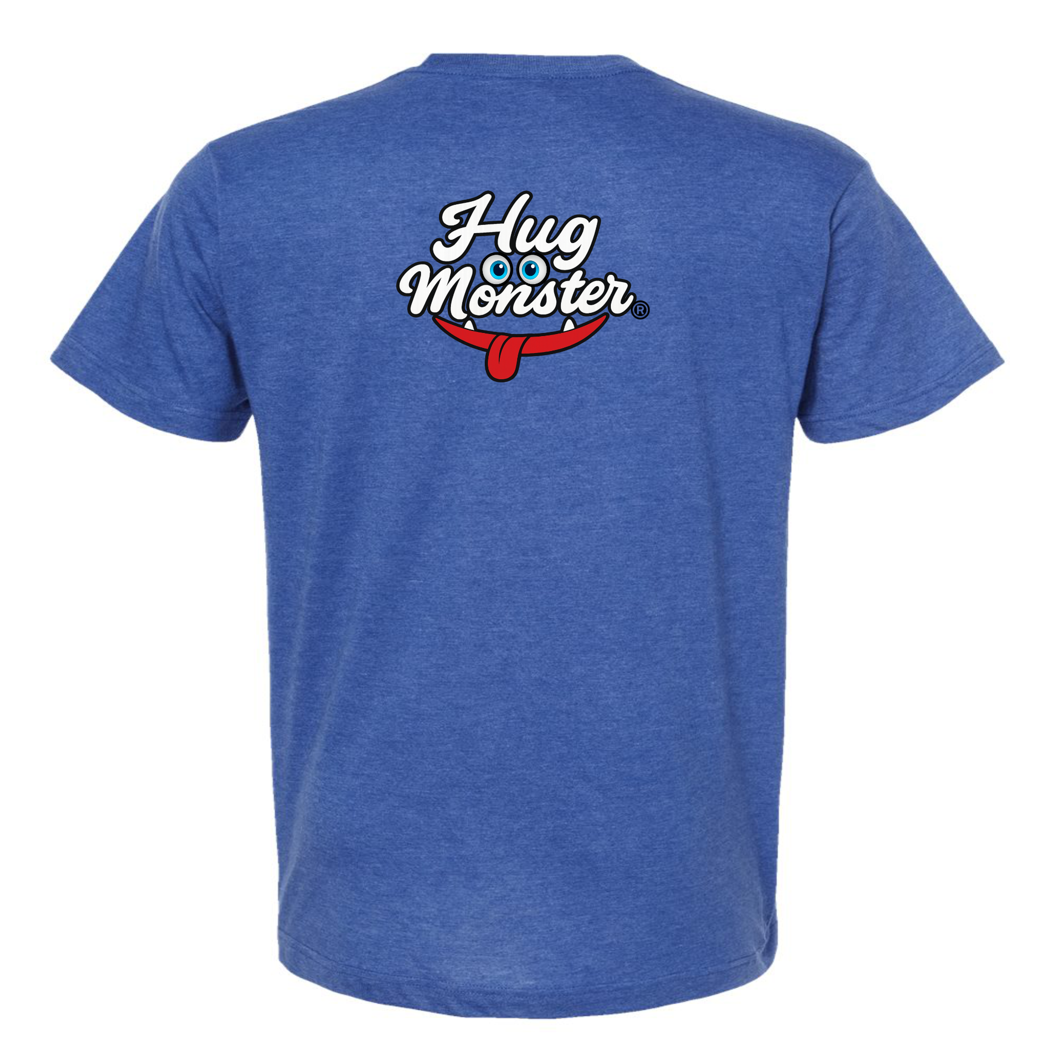 Hug Monster Classic Original Logo T-Shirt - Positive Message Graphic Tee in Heather Royal Blue – Back View