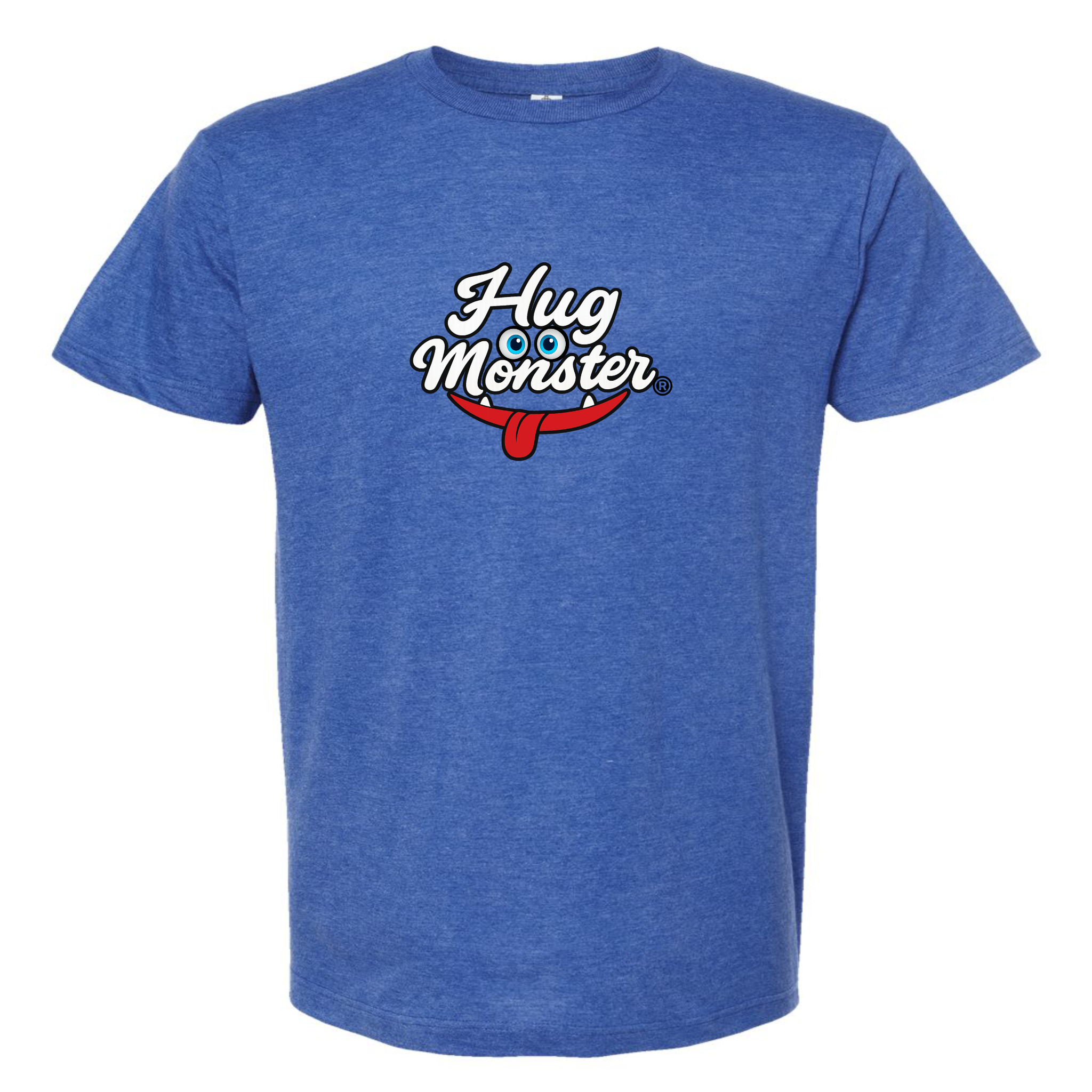 Hug Monster Classic Original Logo T-Shirt - Positive Message Graphic Tee in Heather Royal Blue – Front View